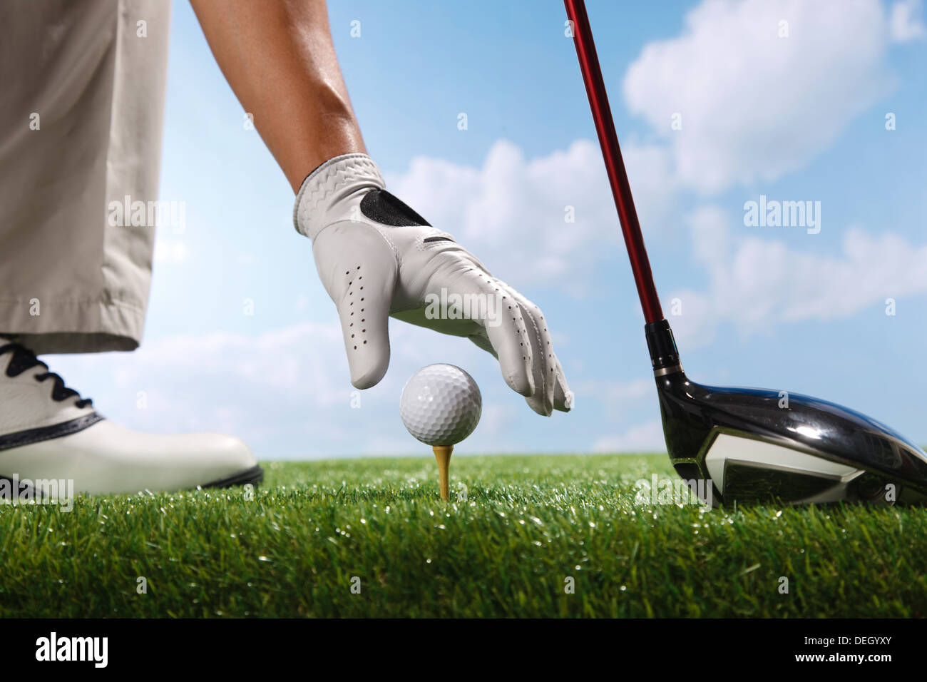Placing golf ball on tee Stock Photo Alamy