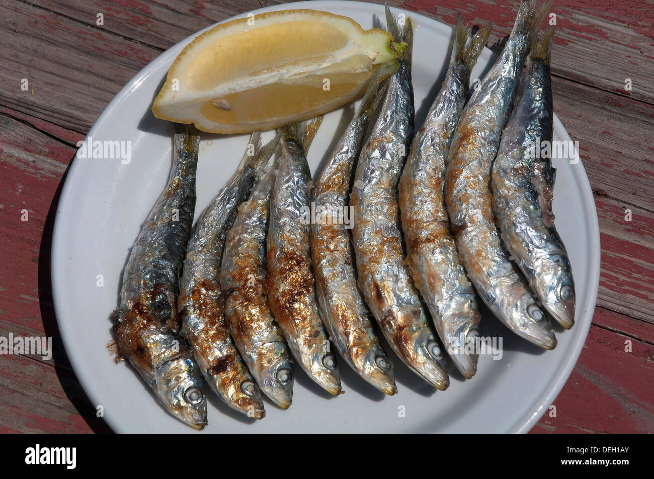 Grilled sardines, Torre del Mar beach, Malaga-province, Andalusia, Spain, Europe Stock Photo