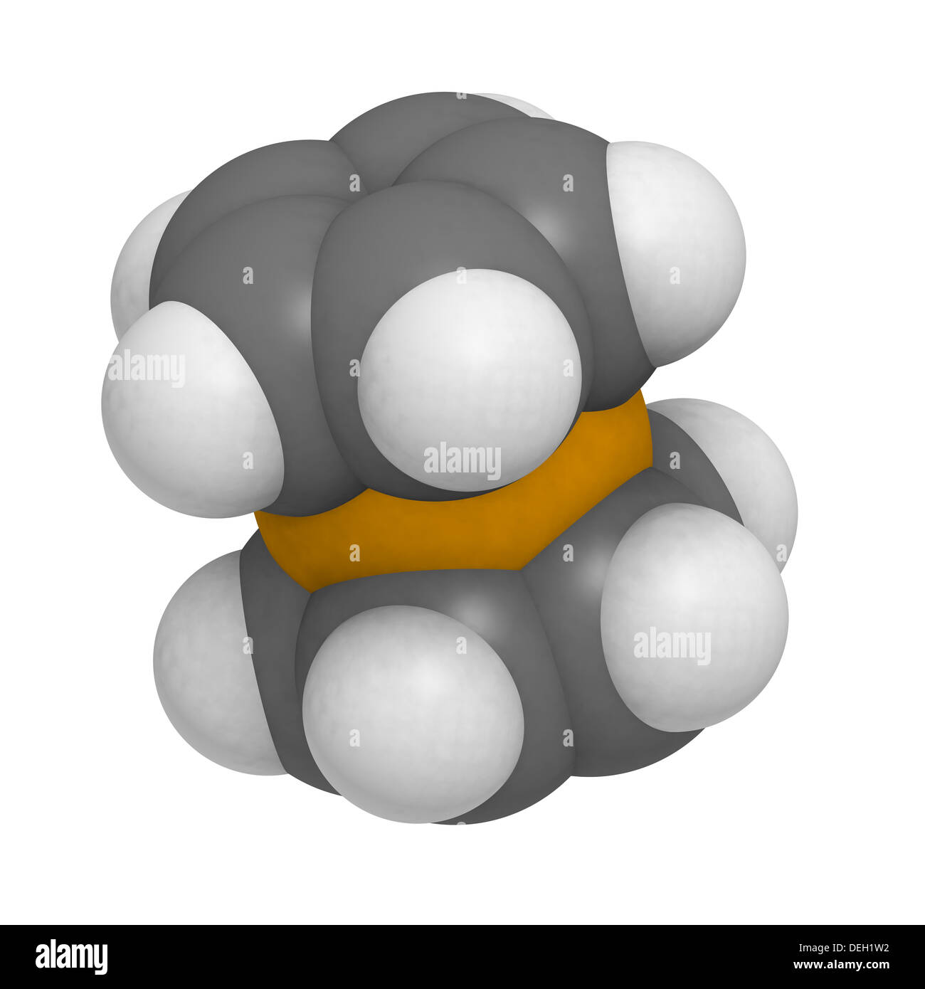 Ferrocene organometallic molecule, chemical structure. Atoms are represented as spheres with conventional color coding Stock Photo