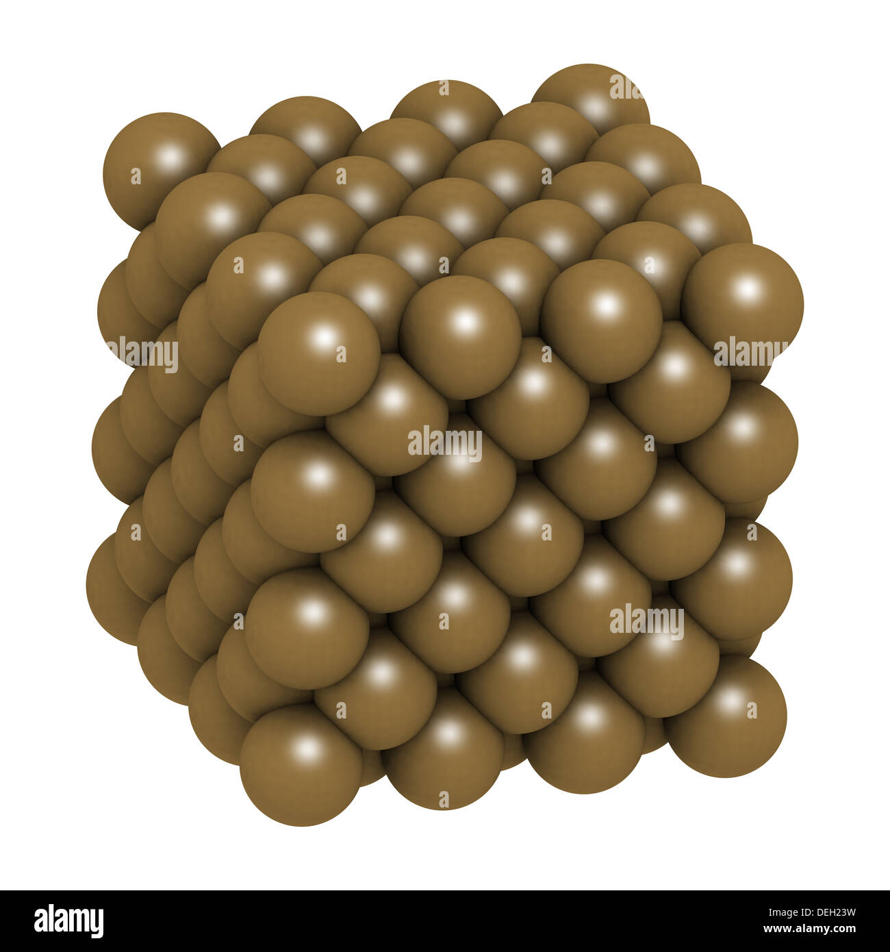 Copper (Cu) metal, crystal structure. Atoms are represented as color-coded spheres. Stock Photo