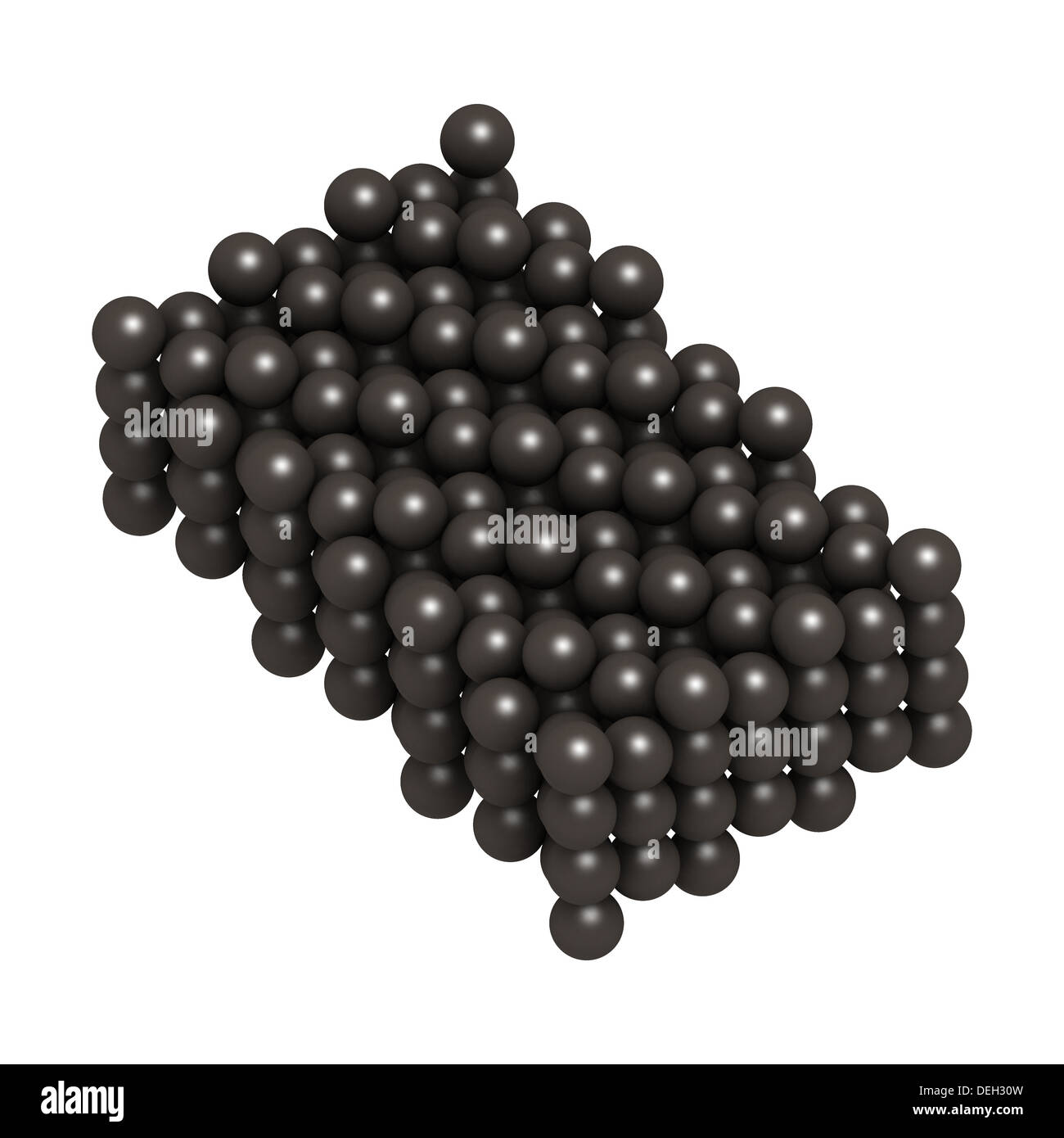 Plutonium (Pu) metal, crystal structure. Atoms are represented as color-coded spheres. Stock Photo