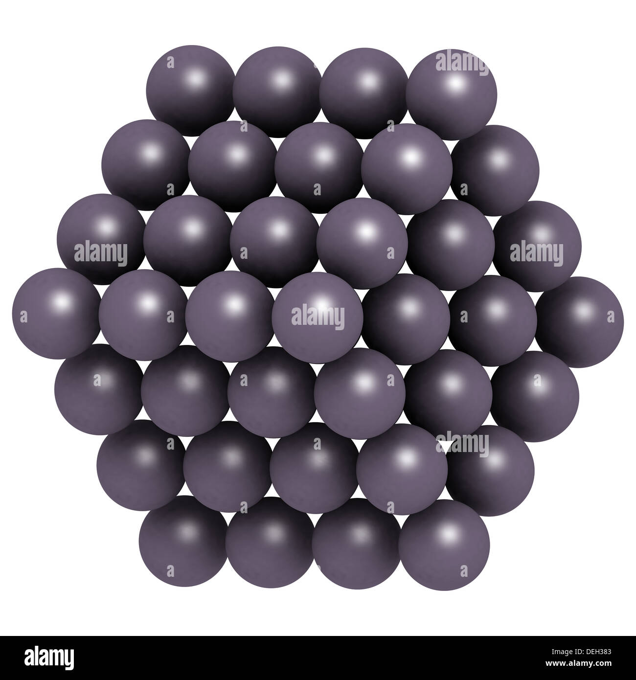 Uranium (U), crystal structure. Atoms are represented as color-coded spheres. Stock Photo