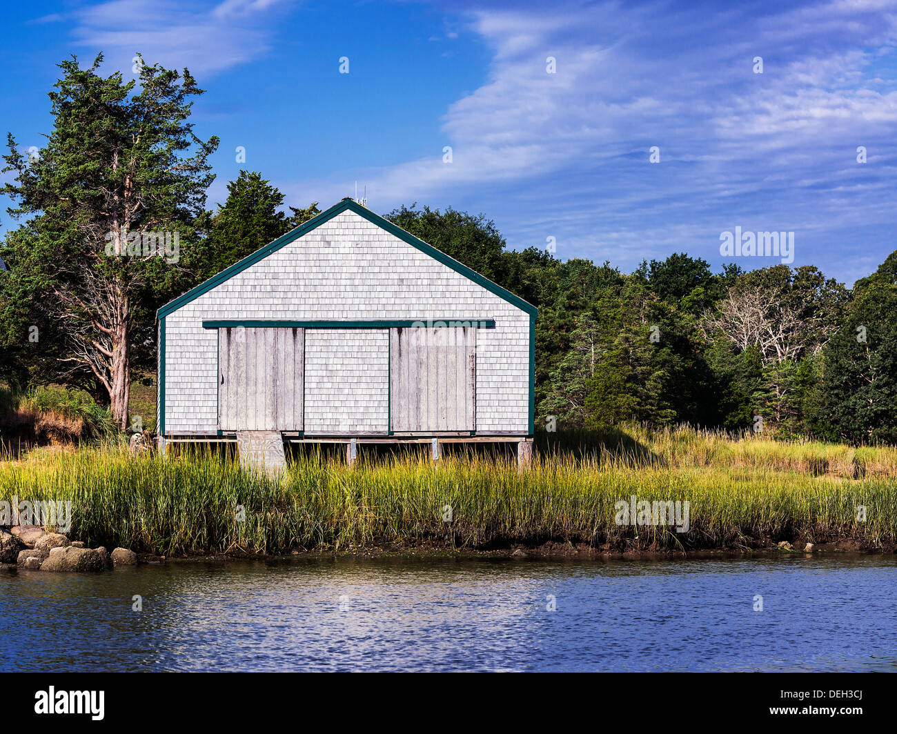 Rustic boathouse, Eastham, Cape Cod, Massachusetts, USA Stock Photo