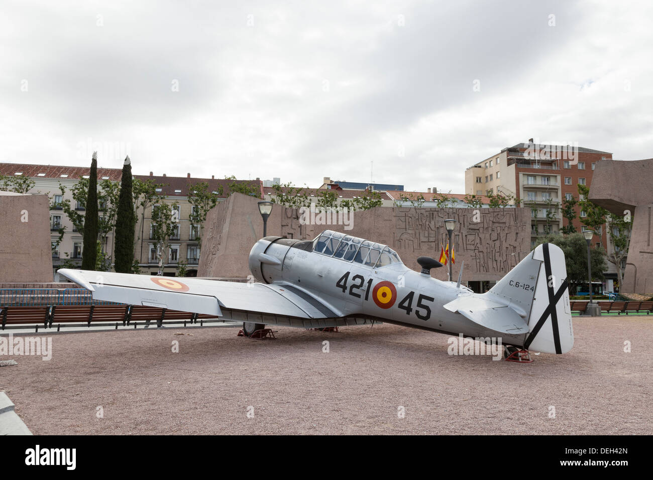 North American T-6 Texan airplane on display in Plaza de Colón - Alonso Martínez, Madrid, Community of Madrid, Spain Stock Photo