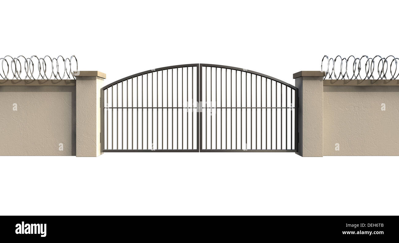 An front view of a regular domestic wall and gate with plaster cappings