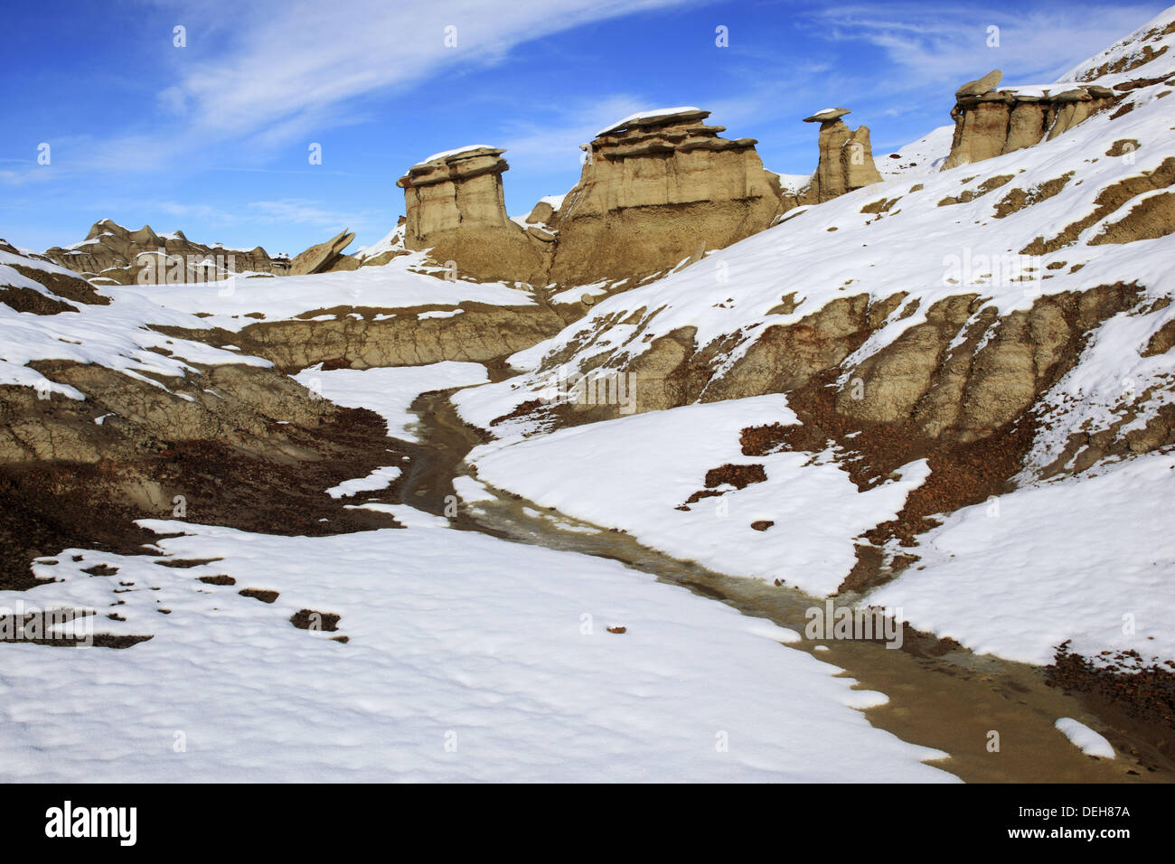 Bisti Badlands, hoodoos eroded out of sandstone and clay in winter