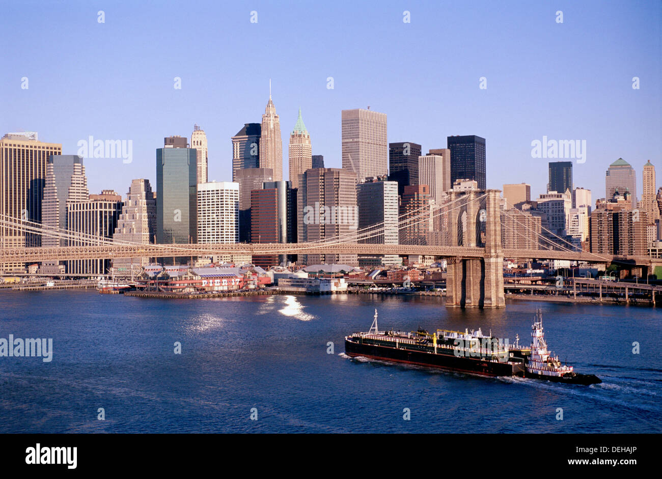Brooklyn Bridge and Lower Manhattan skyline. New York City, USA Stock ...