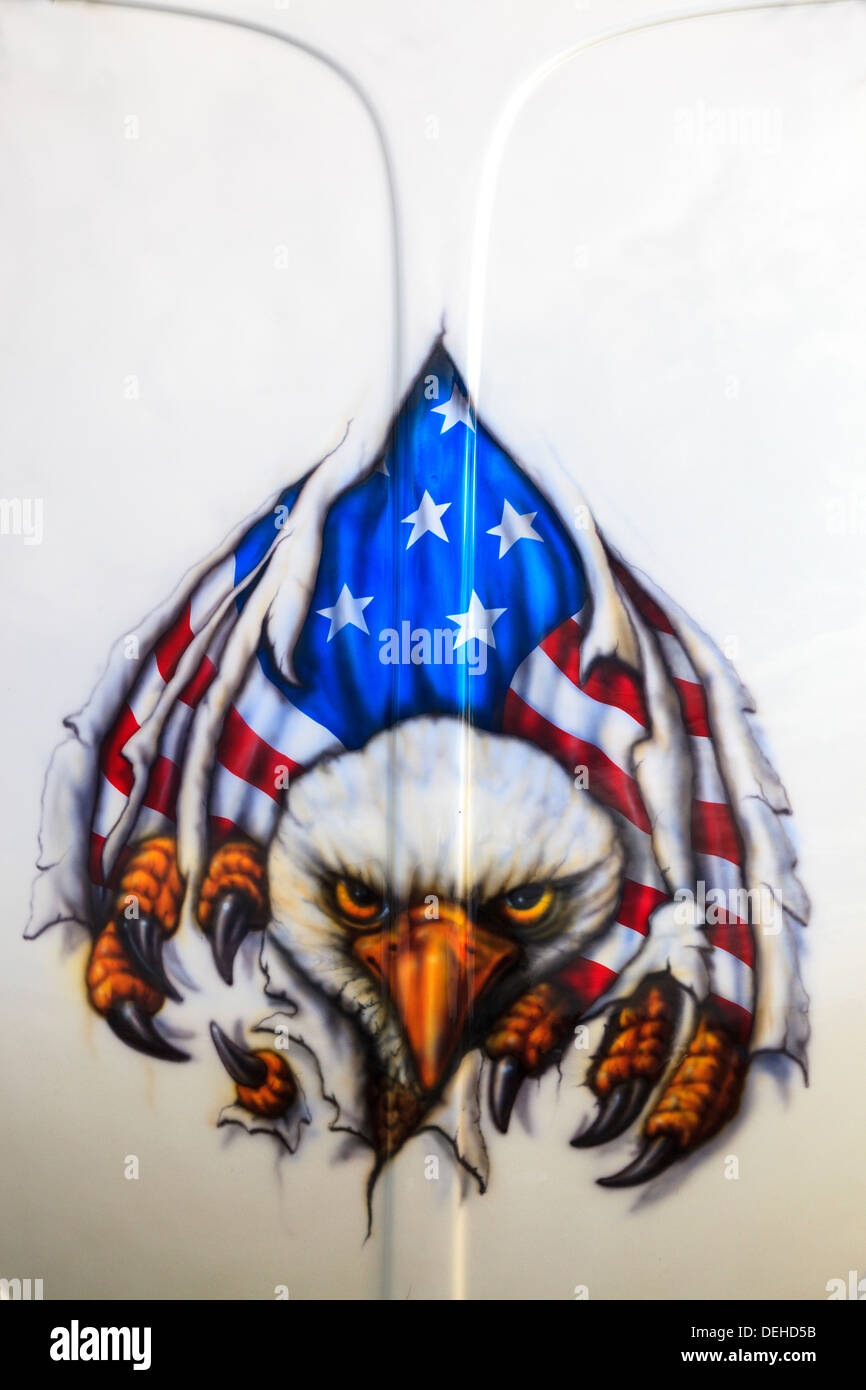 Bonnet decal of an American Eagle wrapped in the USA flag, painted on the bonnet of a customised car, Colorado, USA Stock Photo