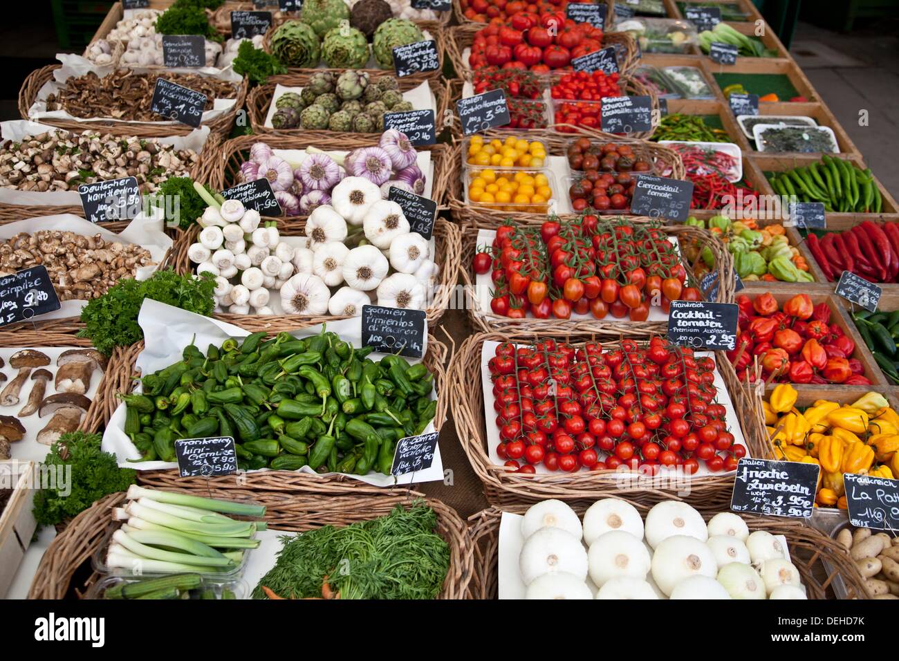 Vegetable products for sale in Viktualienmarkt, Munich, Germany Stock