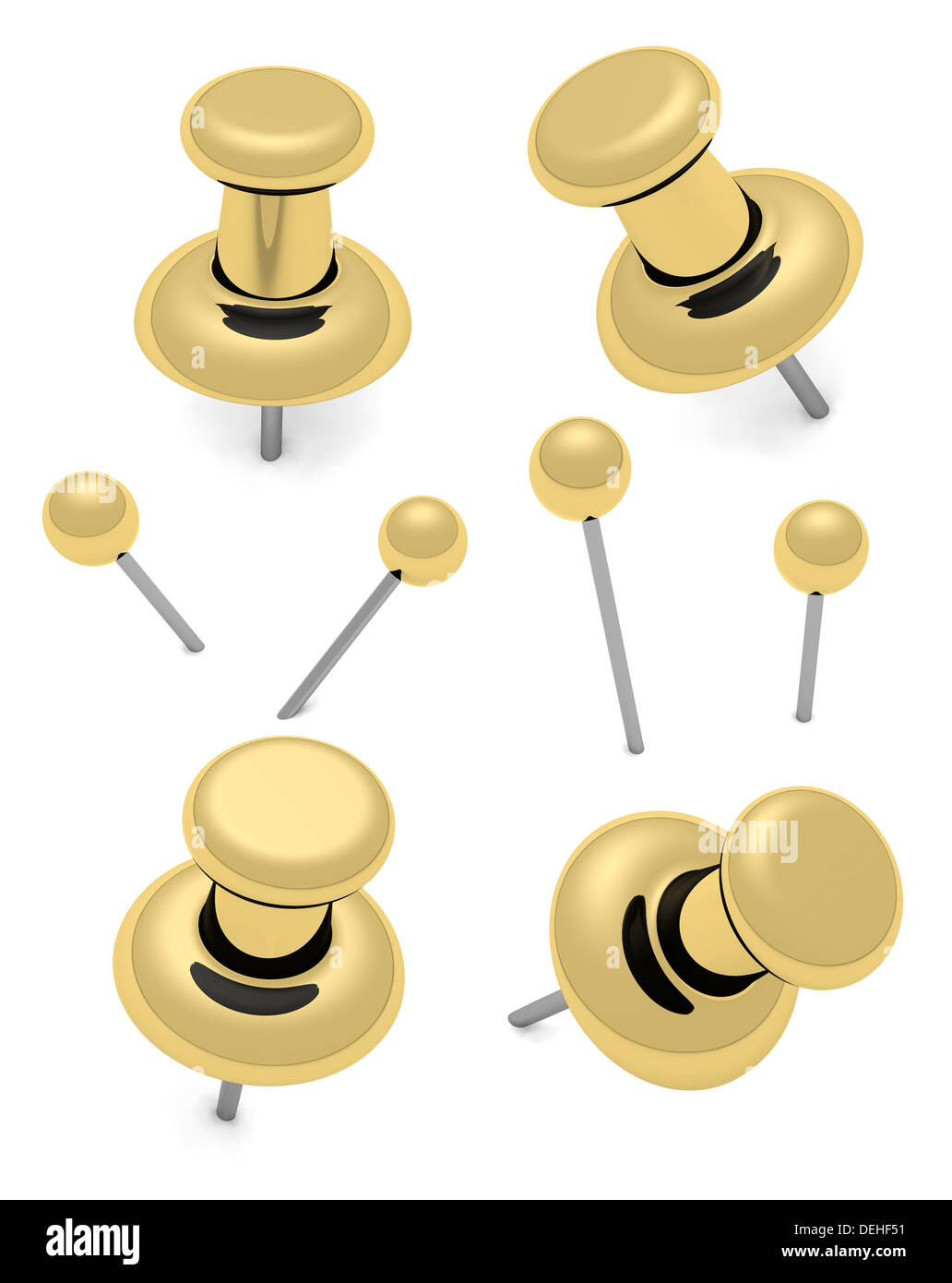 Golden thumbtacks and pins Stock Photo Alamy