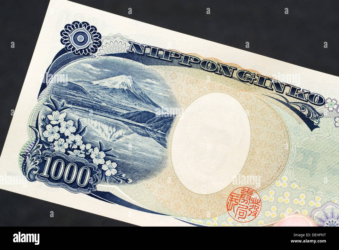 Drawing of the Mount Fuji on a 1000 Japanese yen banknote, Japan Stock