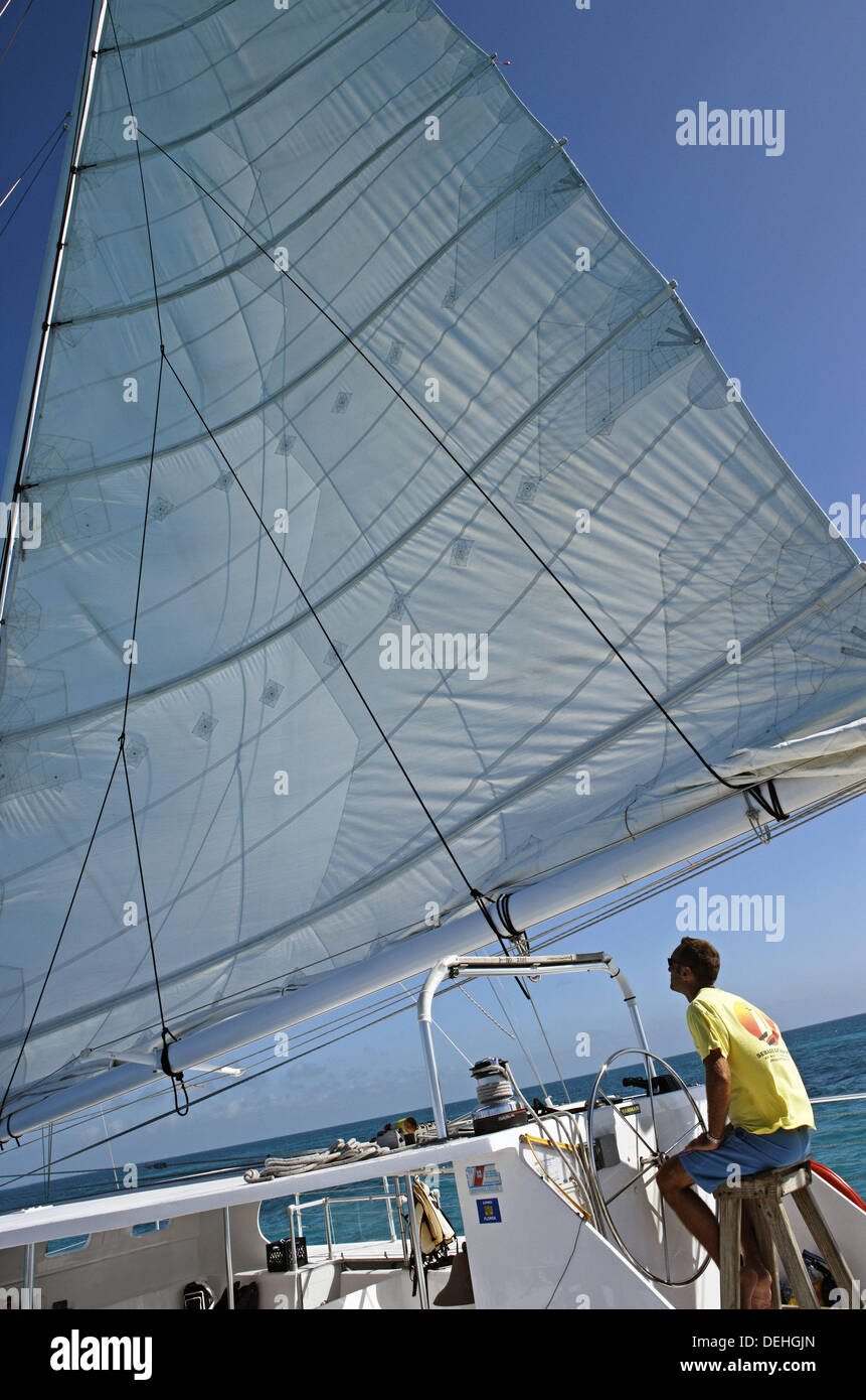 Man sailing a catamaran in Key West, Florida. December 2004 Stock Photo