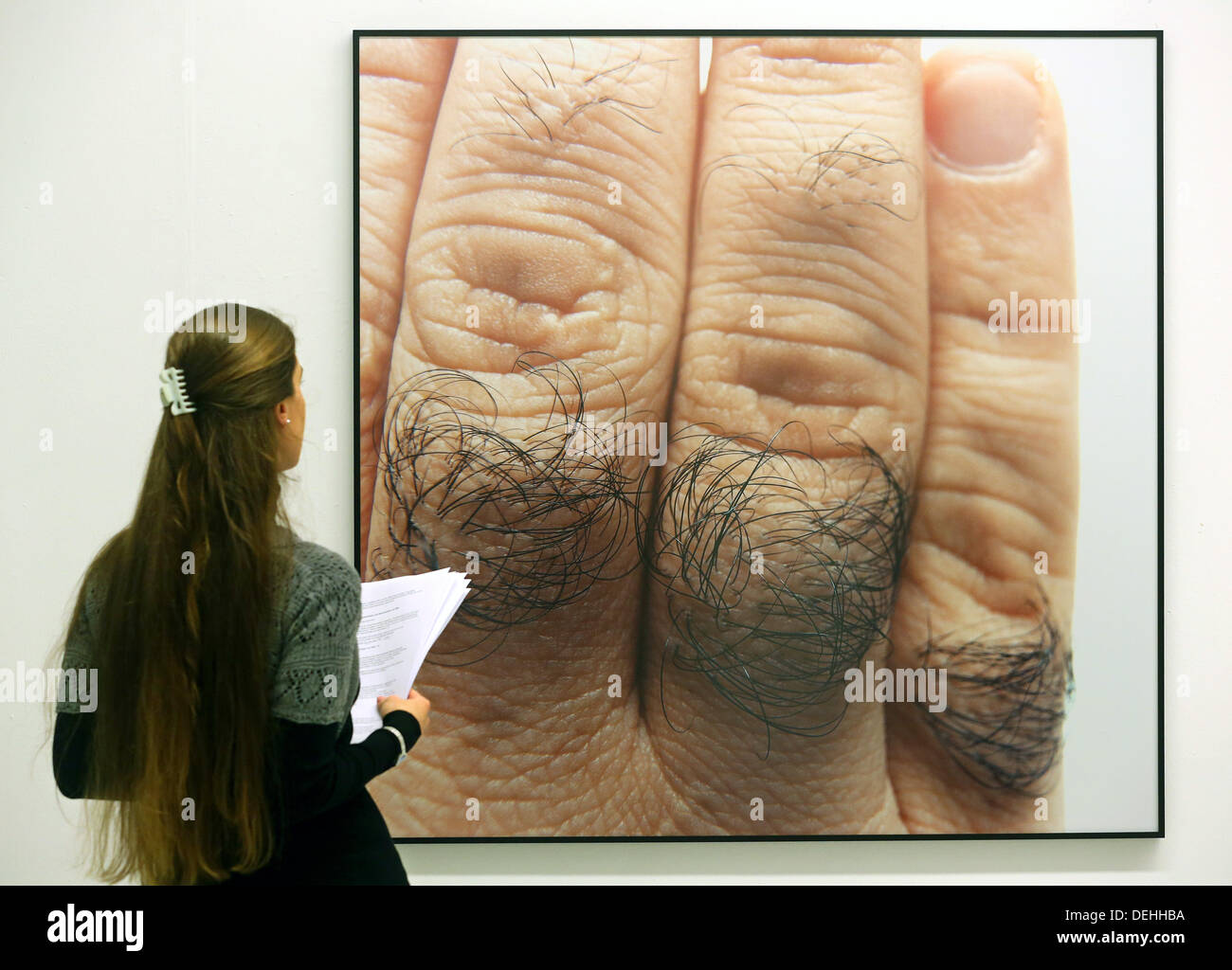 The photo of a hairy hand by Herlinde Koelbl is on display in Ludwiggalerie at Schloss Oberhausen in Oberhausen, Germany, 19 September 2013. The exhibition 'Hair! Hair in Art' is open from 22 September 2013 until 12 December 2014. Photo: ROLAND WEIHRAUCH Stock Photo