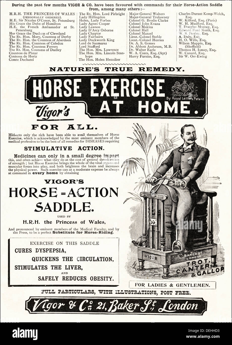 Original 1890s vintage Victorian advertisement advertising VIGOR HORSE ACTION SADDLE, advert circa 1898 Stock Photo