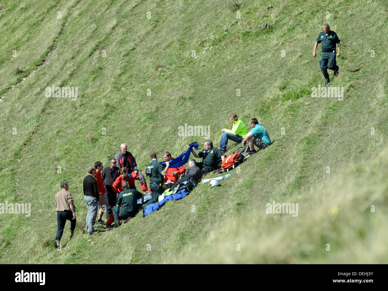 Kent Air Ambulance attending the scene of a paraglider crash, Mount Caburn, Lewes East Sussex Stock Photo
