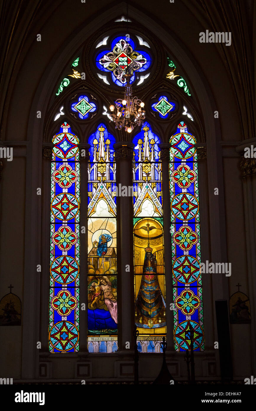 Stained glass window at Las Lajas Sanctuary Cathedral, Ecuador Stock Photo