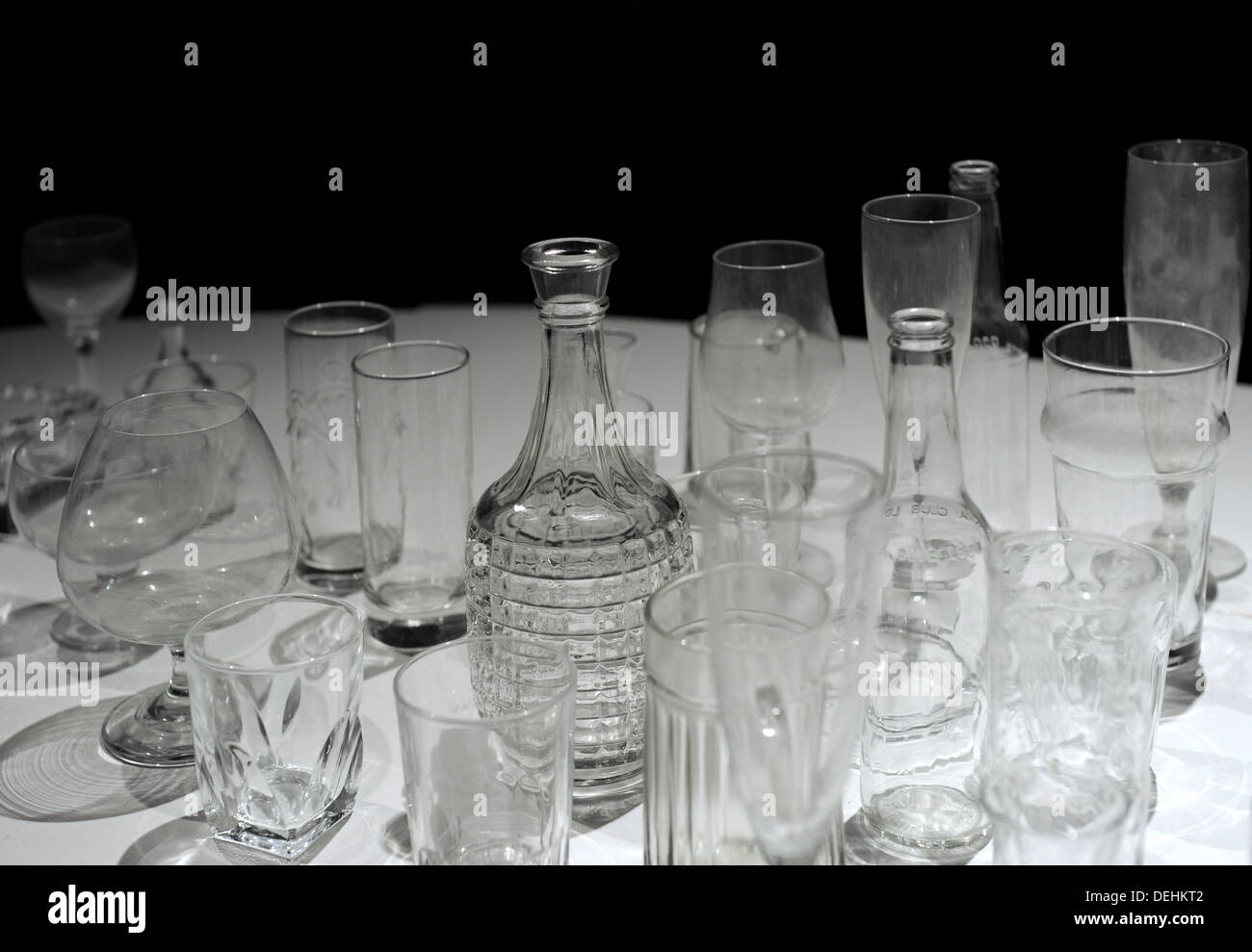 Glassware. Glasses, bottles and jars. Waino Aaltonen Museum. Turku. Finland. Stock Photo