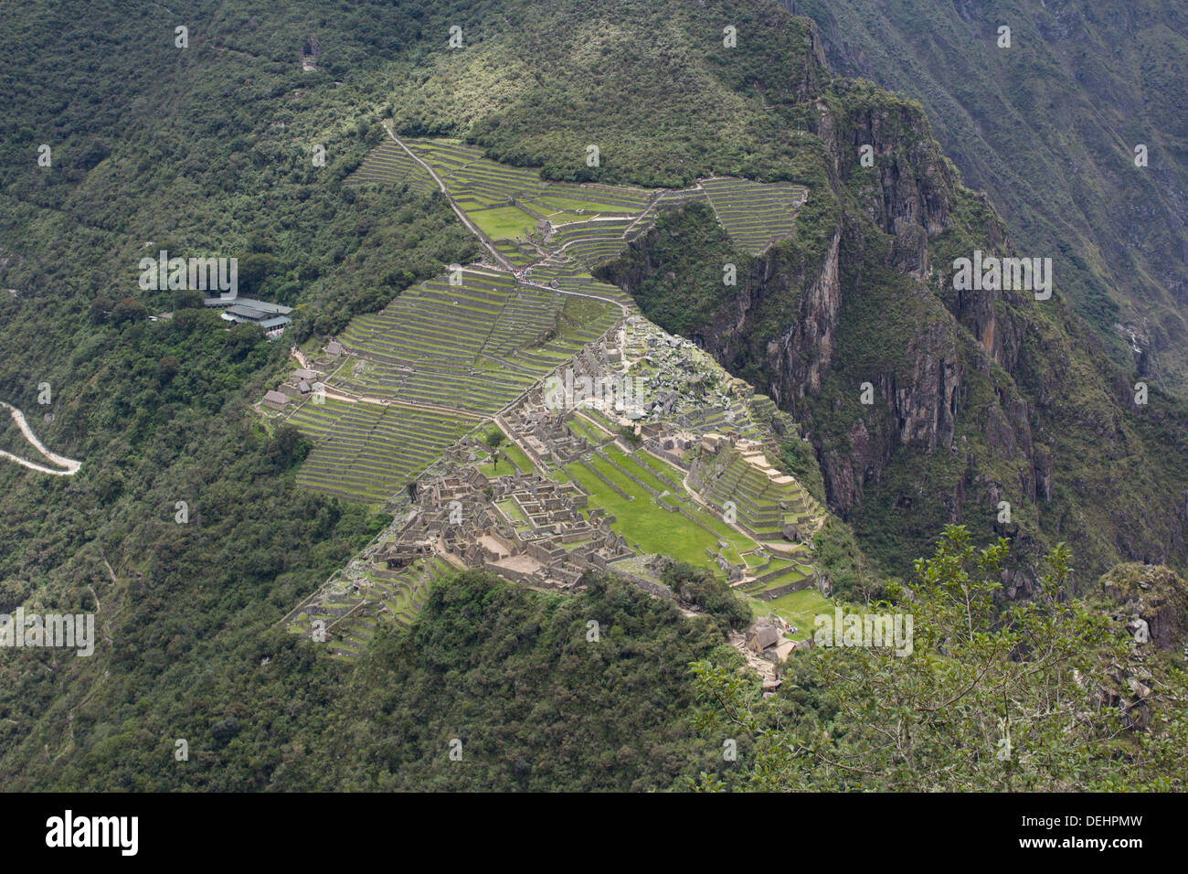 Landscape photo of Machu Picchu Incan ruins from Wayna Pichu, Peru Stock Photo