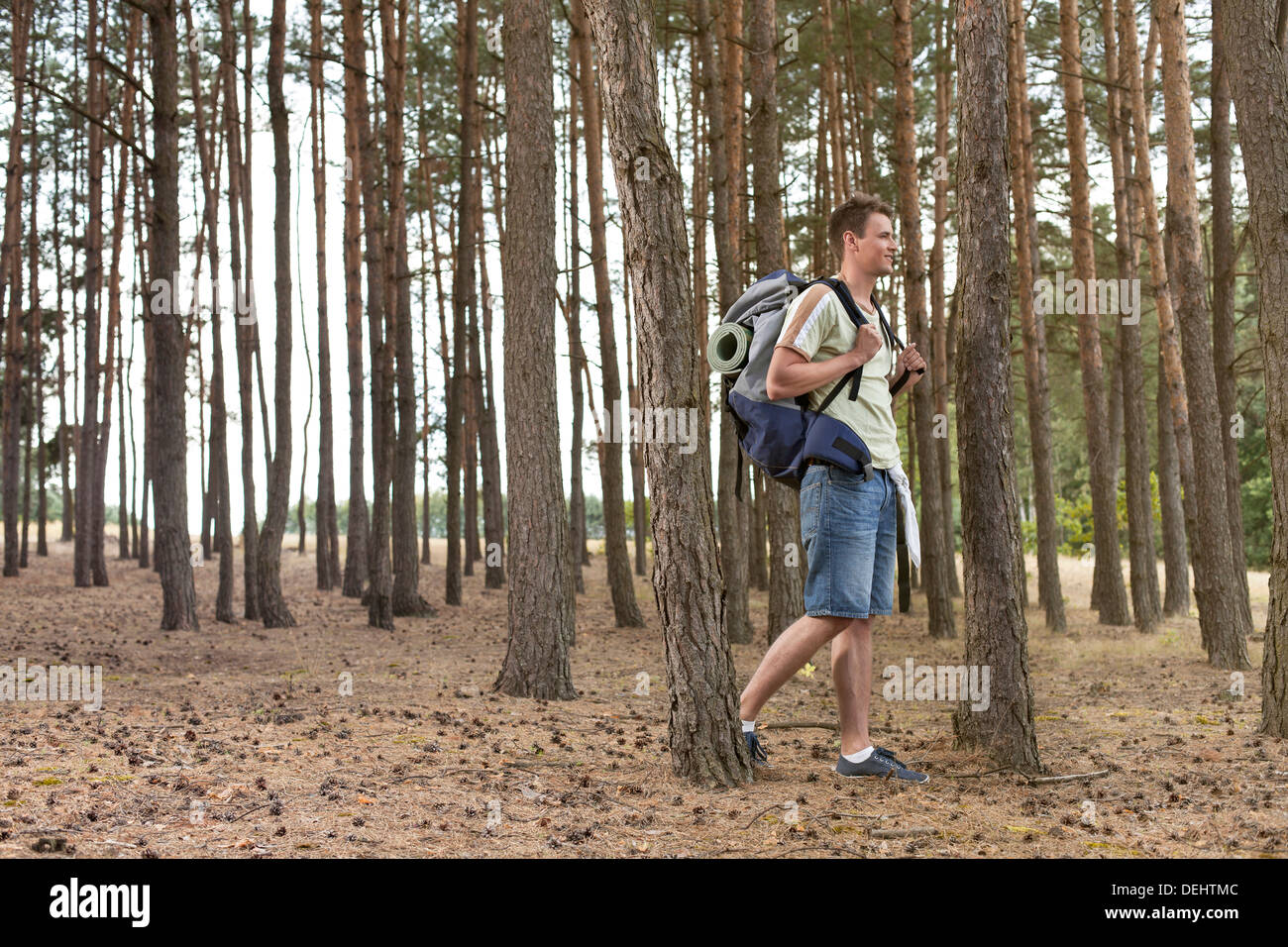 Full length male backpacker trekking forest Stock Photo