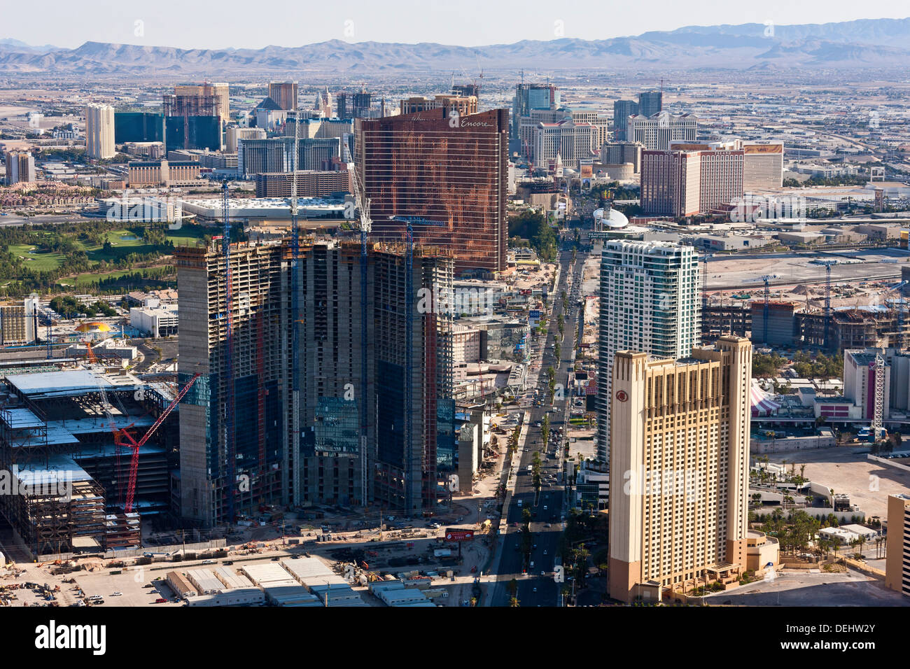 Las Vegas Nevada USA viewed from the tower of the Stratosphere Casino and Hotel towards MGM Grand. JMH5459 Stock Photo