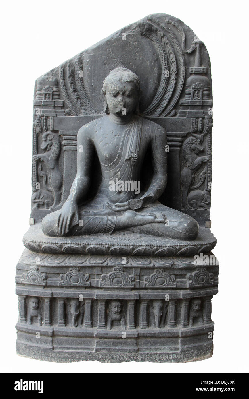 Buddha in Bhumisparsha mudra, from 10th century found in Bihar now exposed in the Indian Museum in Kolkata, on Nov 24, 2012 Stock Photo