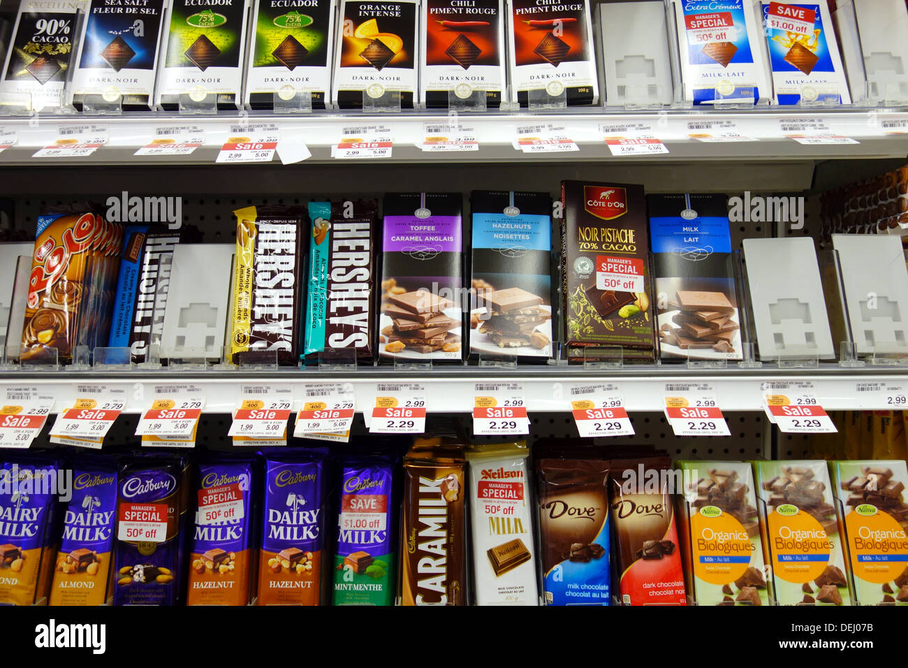 Chocolate bars selection in a supermarket in Toronto, Canada Stock Photo
