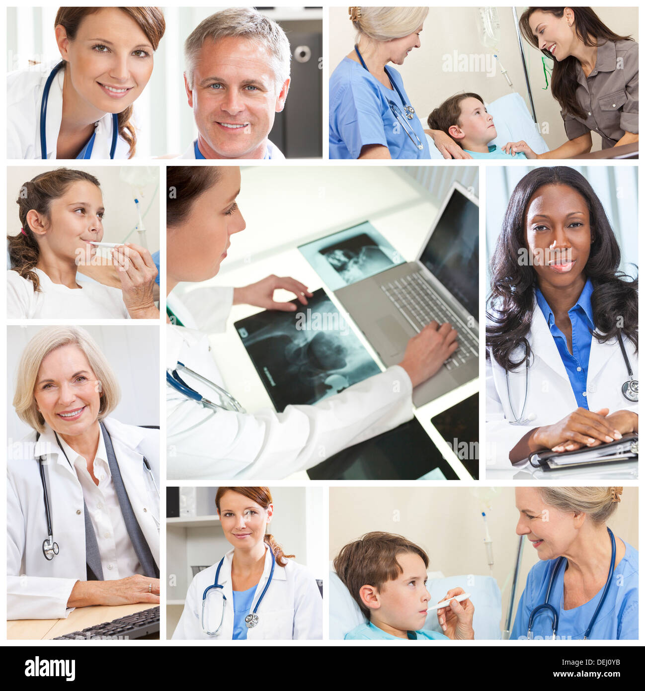 A team of medical doctors & nurses men and women with patients in a hospital, with stethoscopes, x-rays and computers Stock Photo