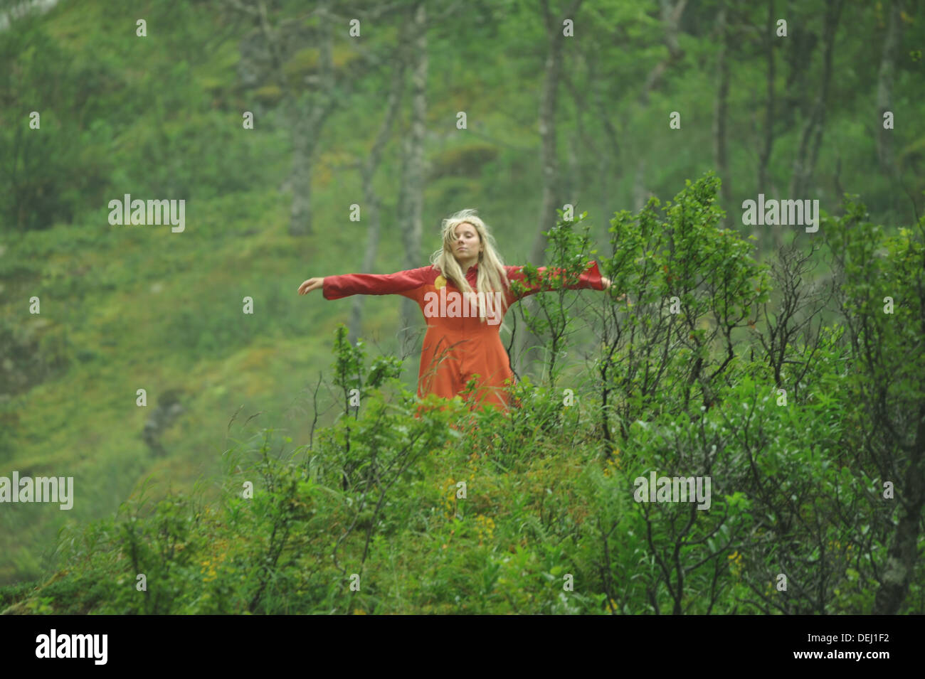 An Elf is singing at the famous Flamsbahn - touristical performance in Kjosfossen between Flams and Myrdal, Norway. Press use. Stock Photo