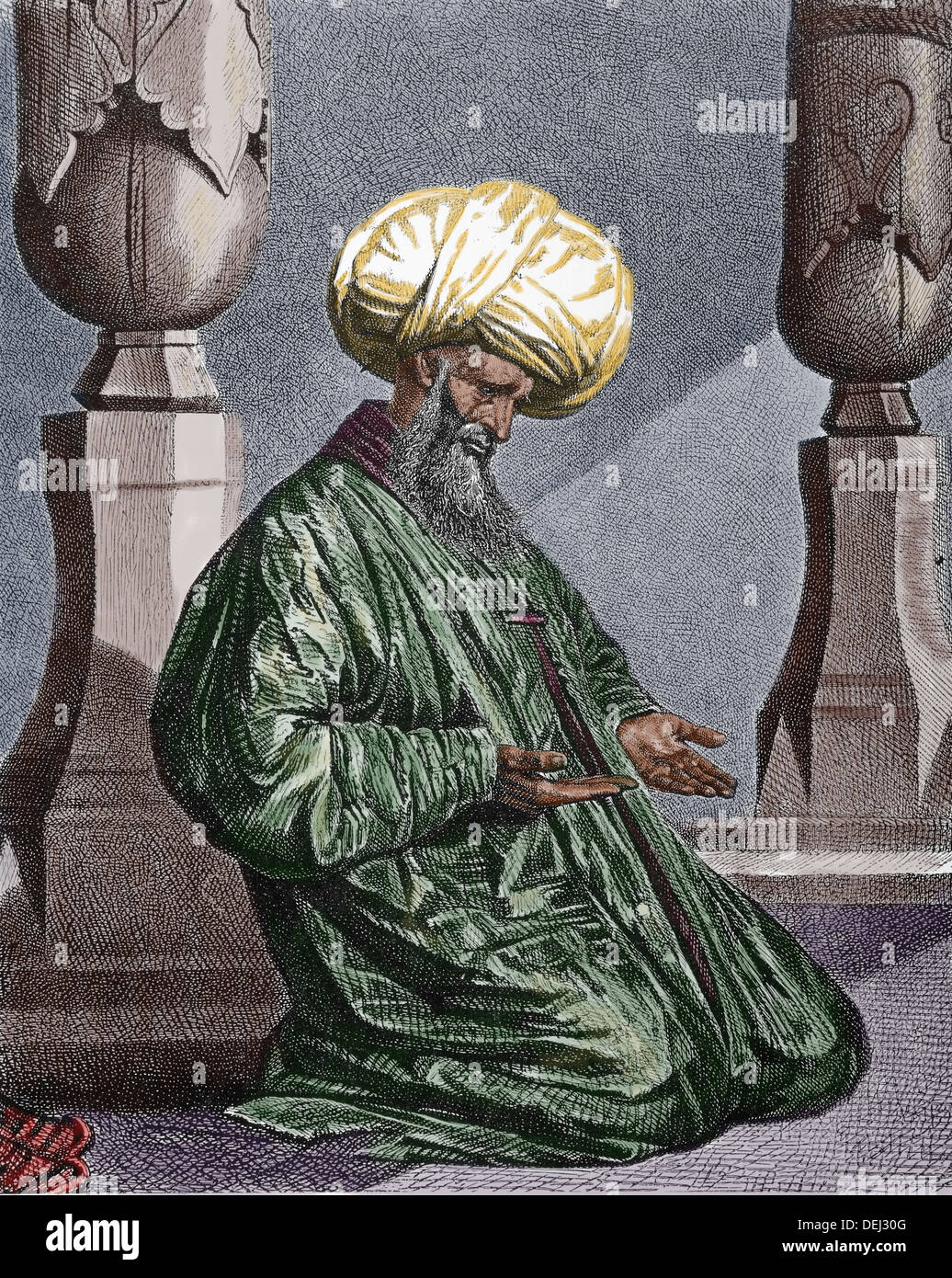 Asia. Uzbekistan. Praying muslim cleric, Samarkand. 19th century. Engraving. Later colouration. Stock Photo