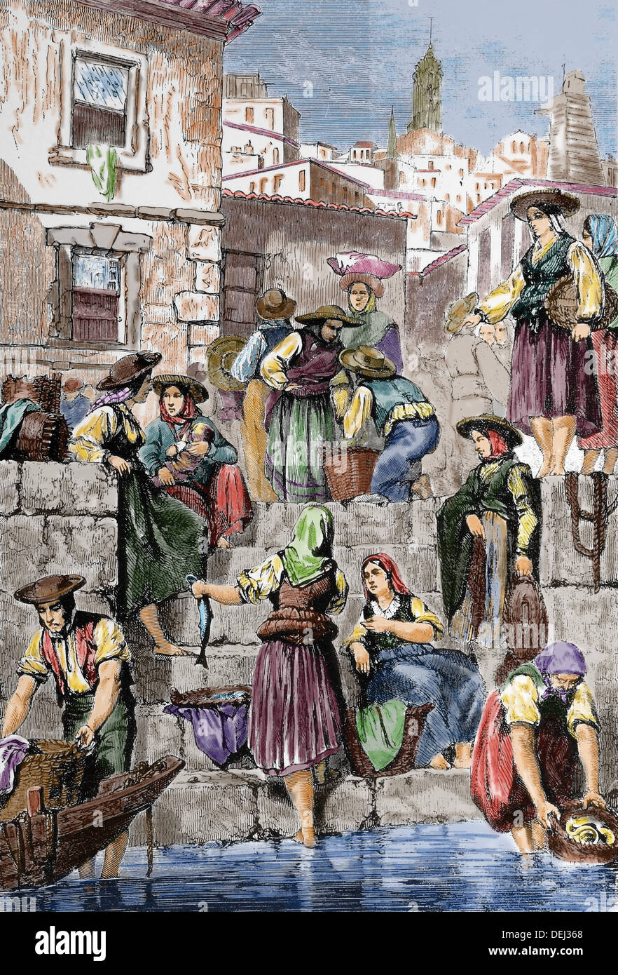 Europe. Portugal. Fisherwomen of Oporto, c.1860. Engraving. Colored. Stock Photo