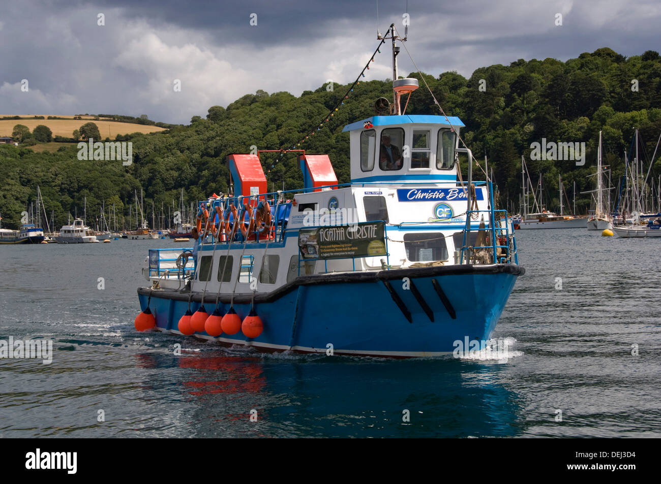 The Greenway ferry on the River Dart at Dartmouth taking passengers from Dartmouth to Greenway, the former house of Agatha Christie Stock Photo