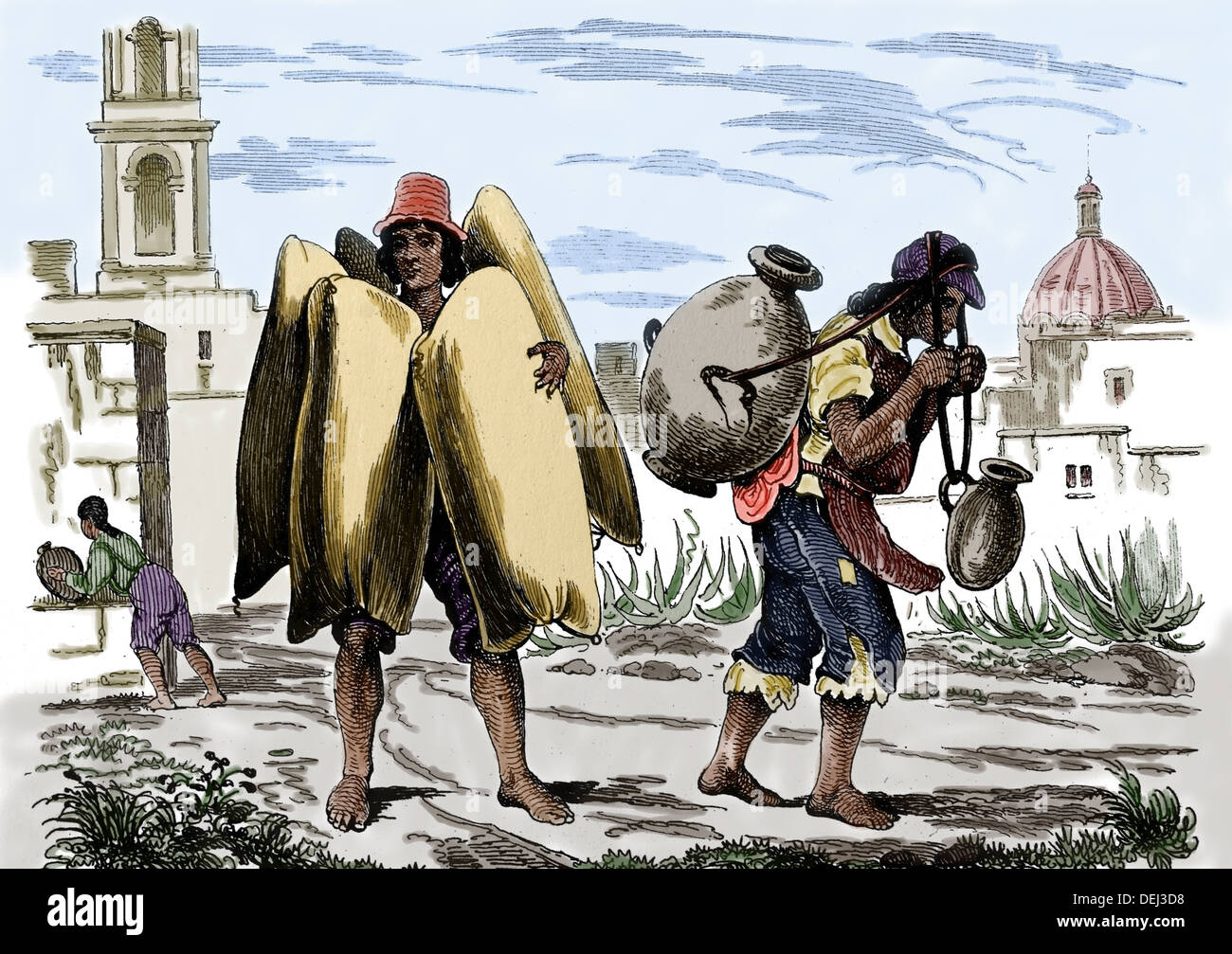 America. Mexico. Street vedor and water carrier, Mexico City, c.1840. Engraving. Later colouration. Stock Photo