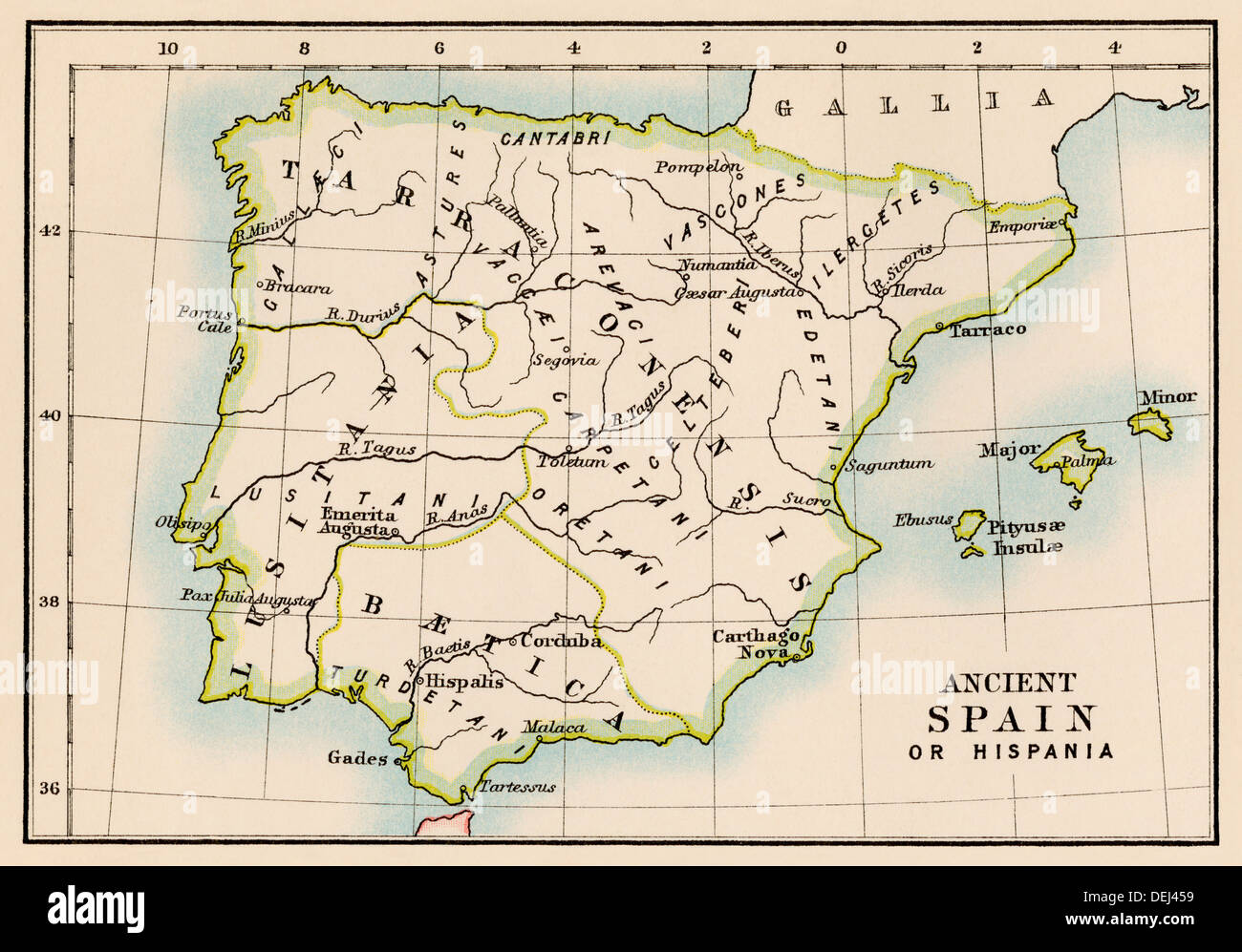 Map of Hispania, or the Iberian Peninsula in ancient times. Color lithograph Stock Photo