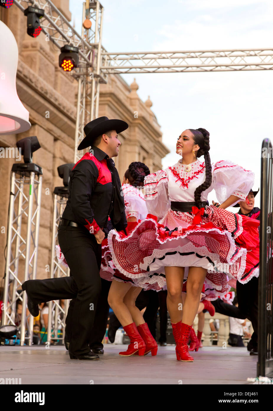 Mexican Independence day celebration at the Texas Capitol building in Austin includes traditional dances with colorful costumes Stock Photo