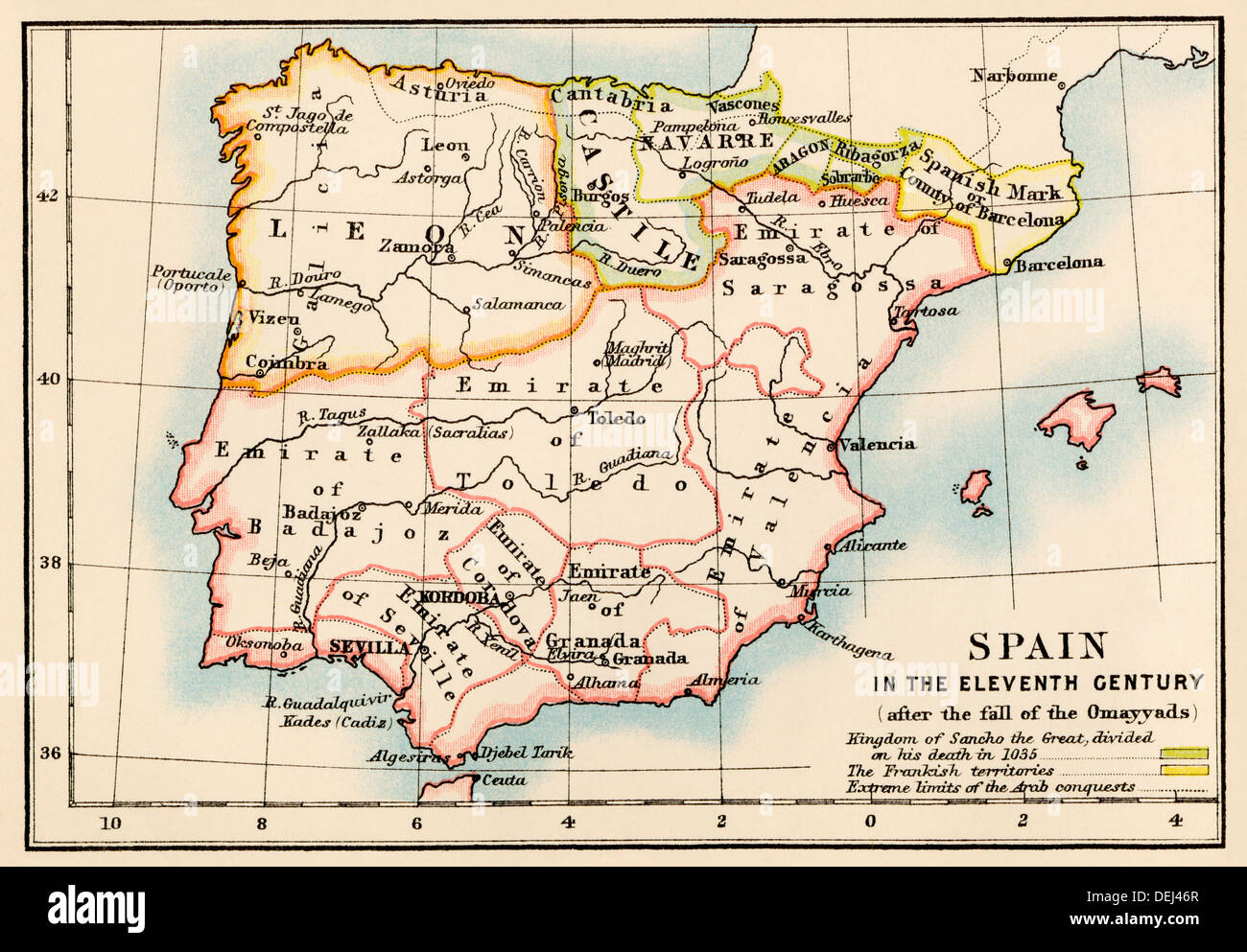 Map of the Iberian Peninsula under the Moors, 11th century. Color lithograph Stock Photo