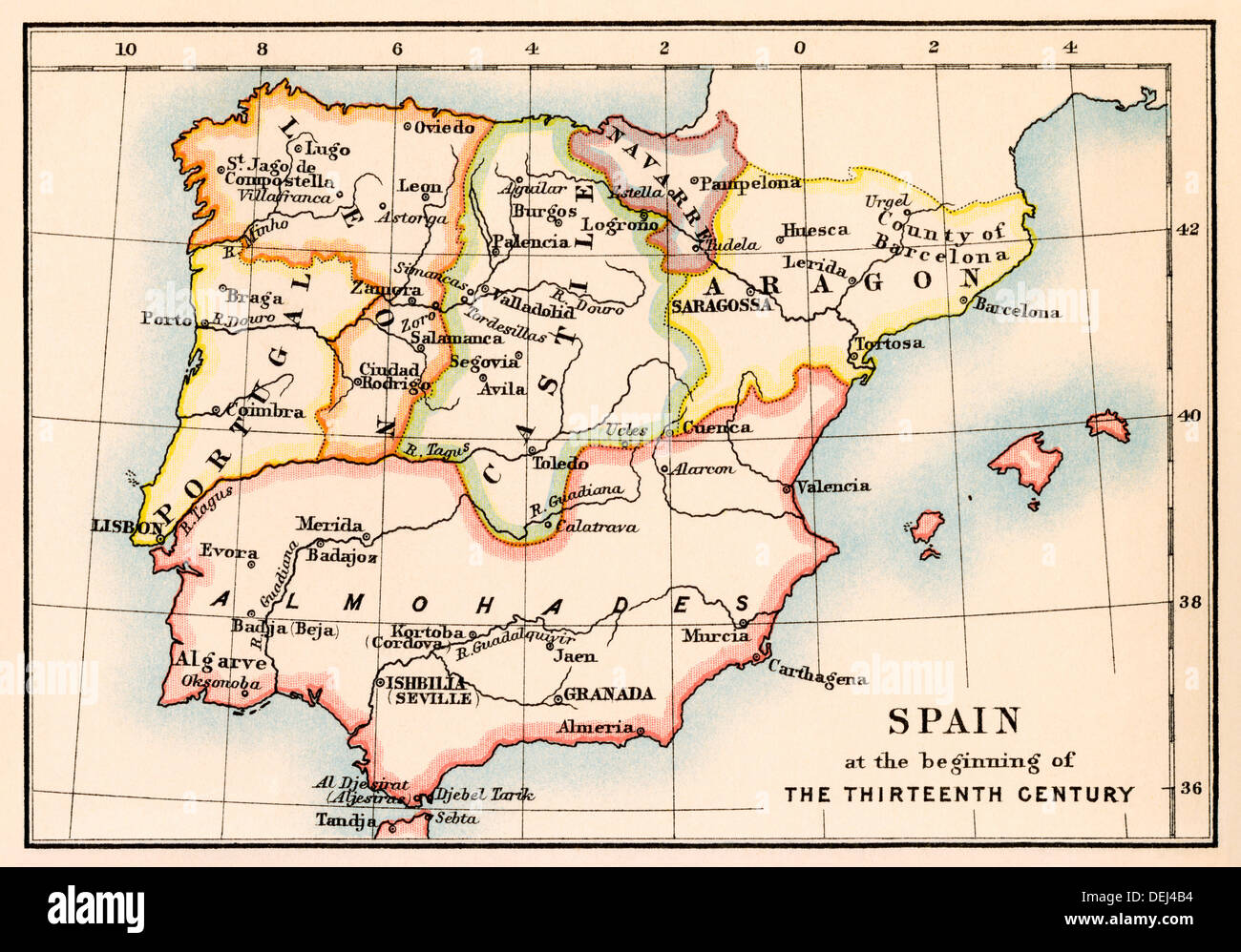 Map of the Iberian Peninsula under the Moors, 13th century. Color lithograph Stock Photo