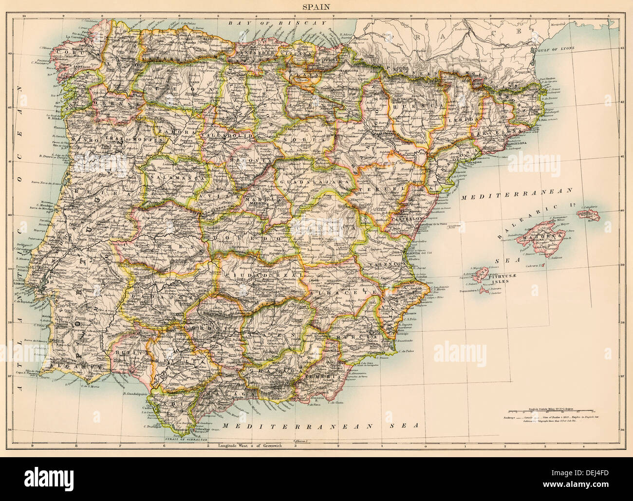 Map of Spain and Portugal, 1870s. Color lithograph Stock Photo