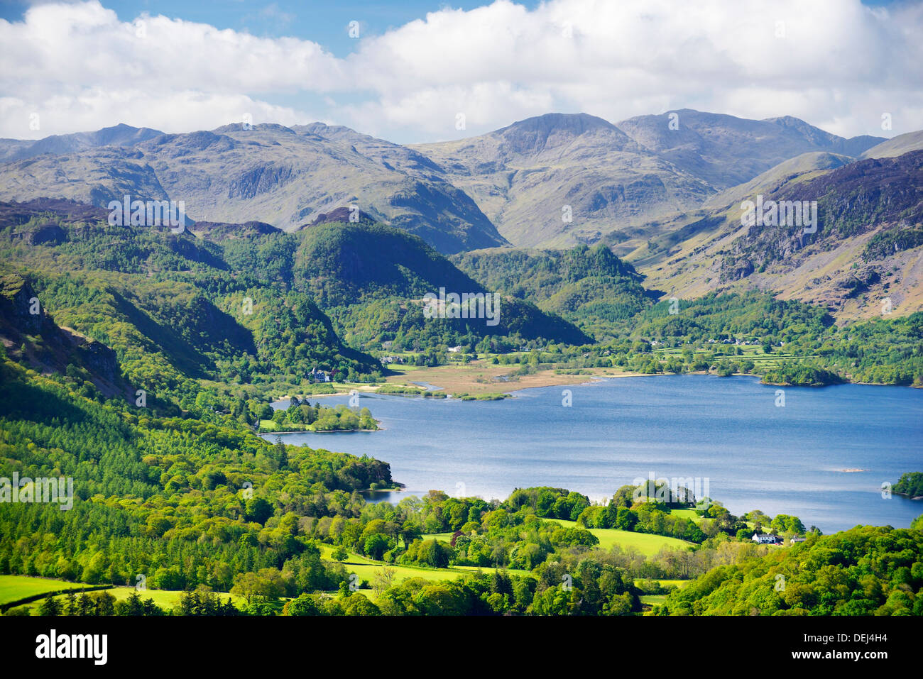 Lake District National Park, Cumbria, England. South from above Keswick across Derwentwater to Borrowdale and the central fells Stock Photo