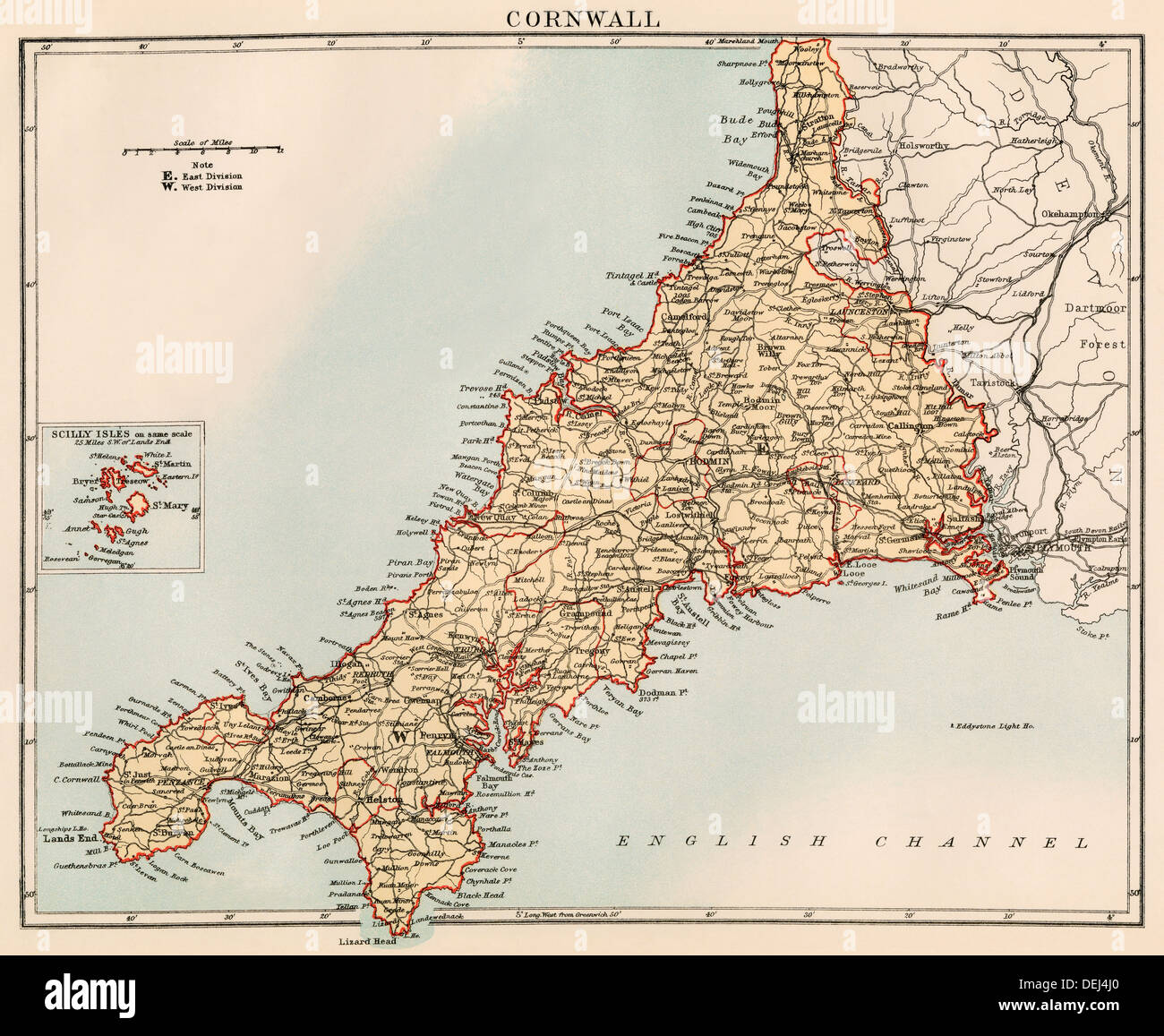 Map of Cornwall, England, 1870s. Color lithograph Stock Photo