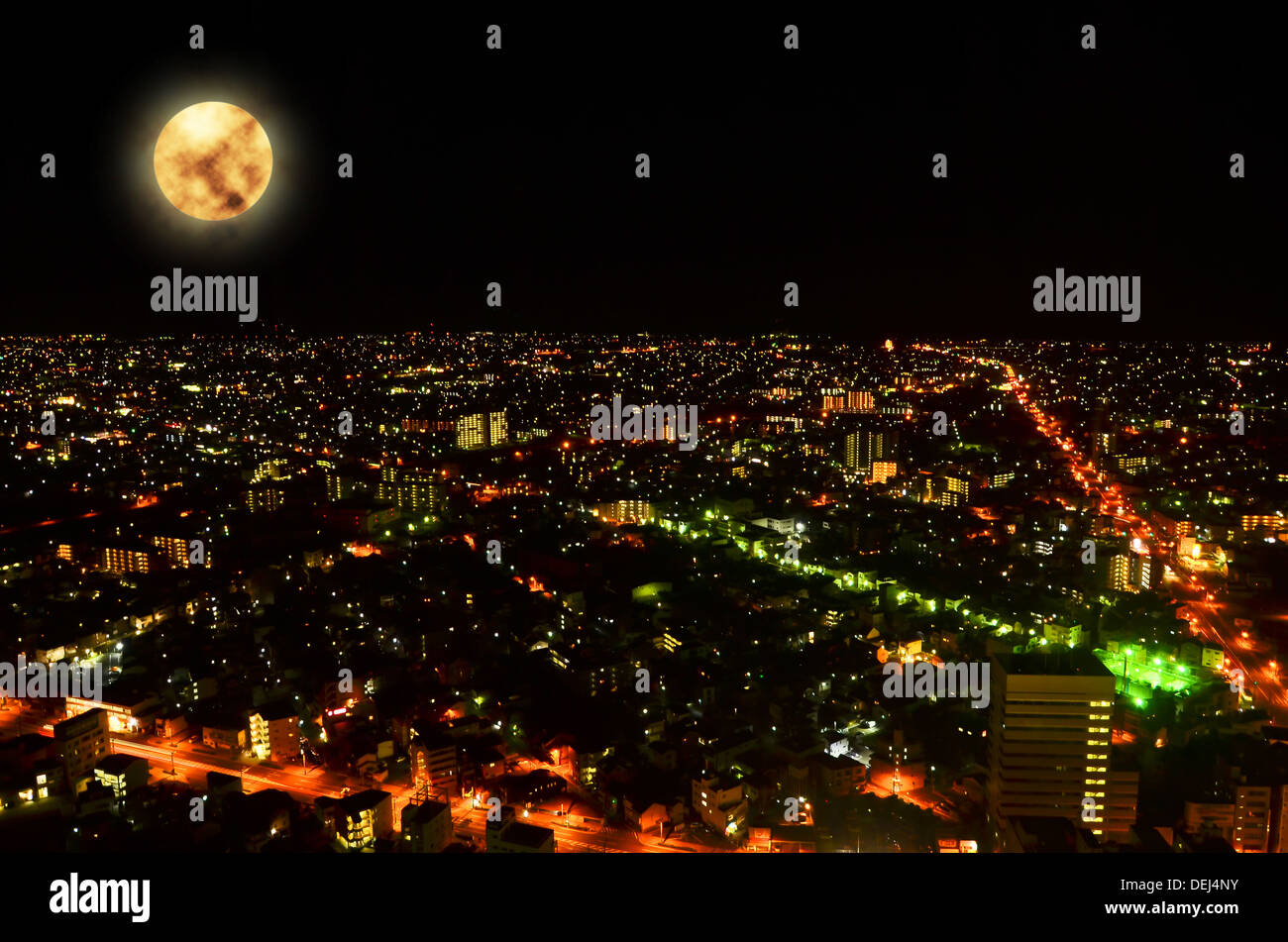 city skyline at night on full moon Stock Photo - Alamy