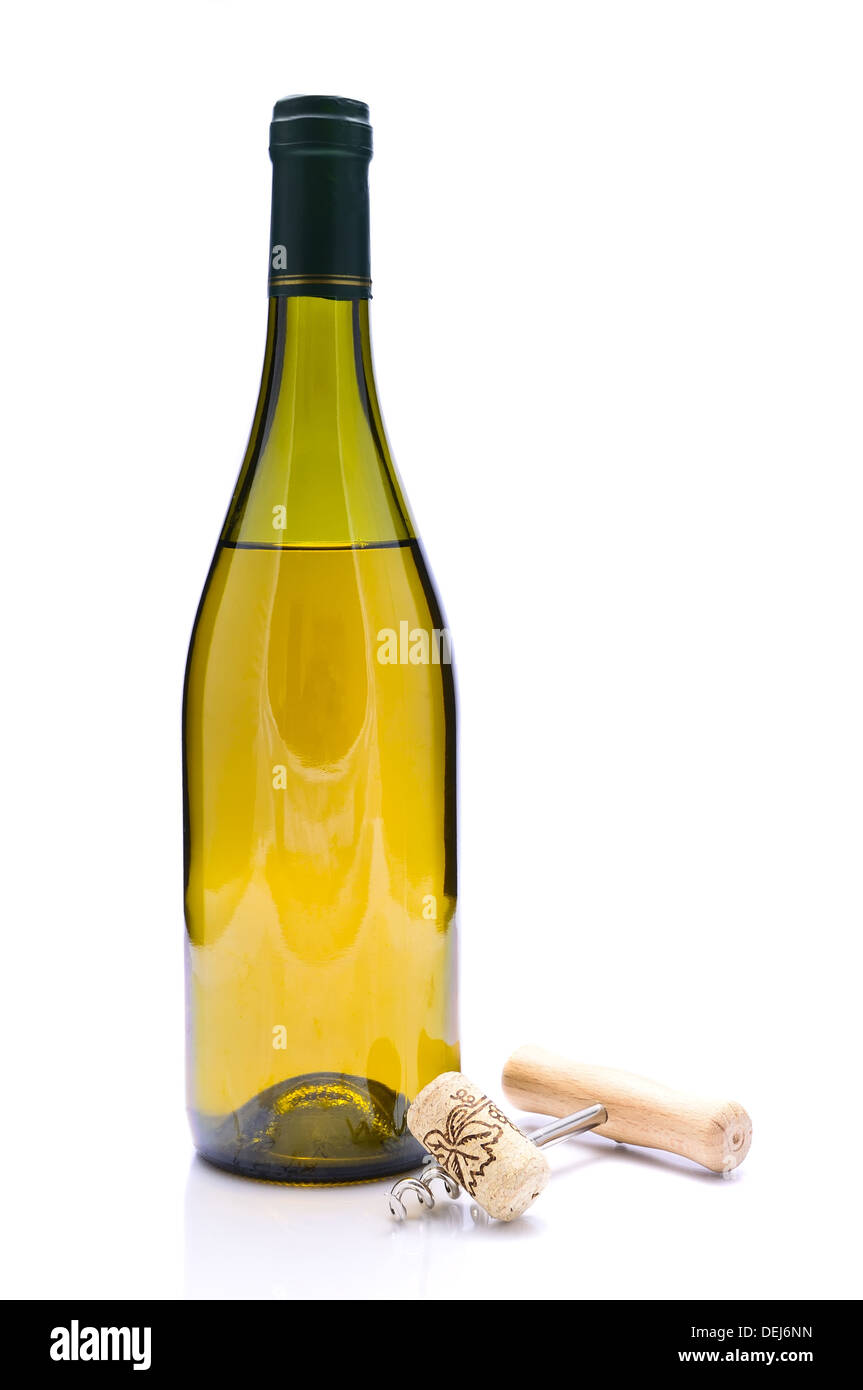 wine bottle with cork and corkscrew isolated on a white background ...