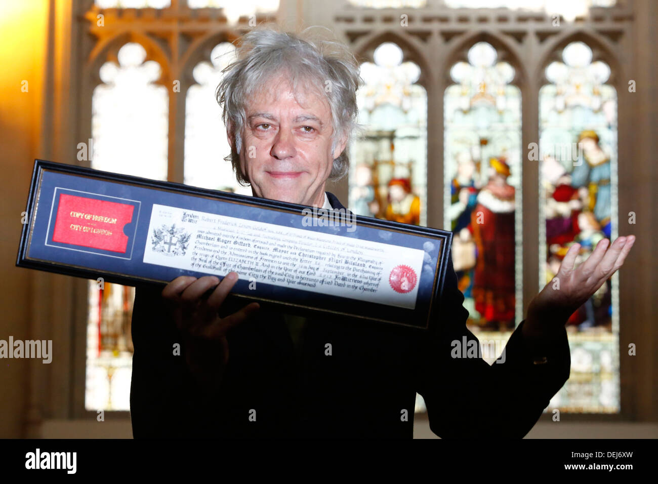 Irish musician Sir Bob Geldof attends a ceremony where he received the Freedom of the City of London certificate at the Guildhal Stock Photo