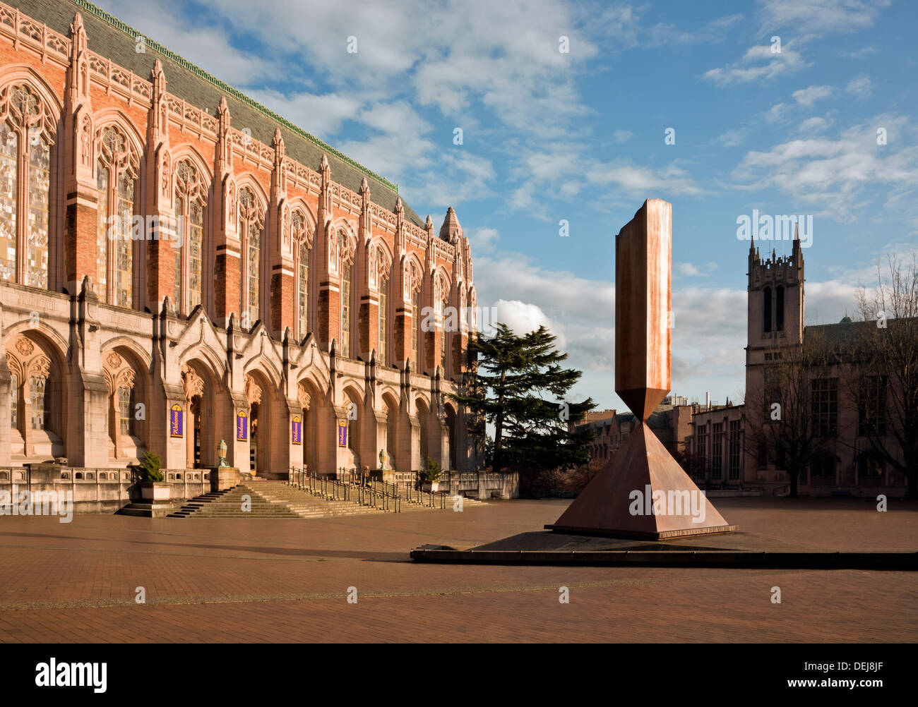 WASHINGTON - Evening at Red Square with the Broken Obelisk and Suzzallo Library at the University of Washington in Seattle. Stock Photo