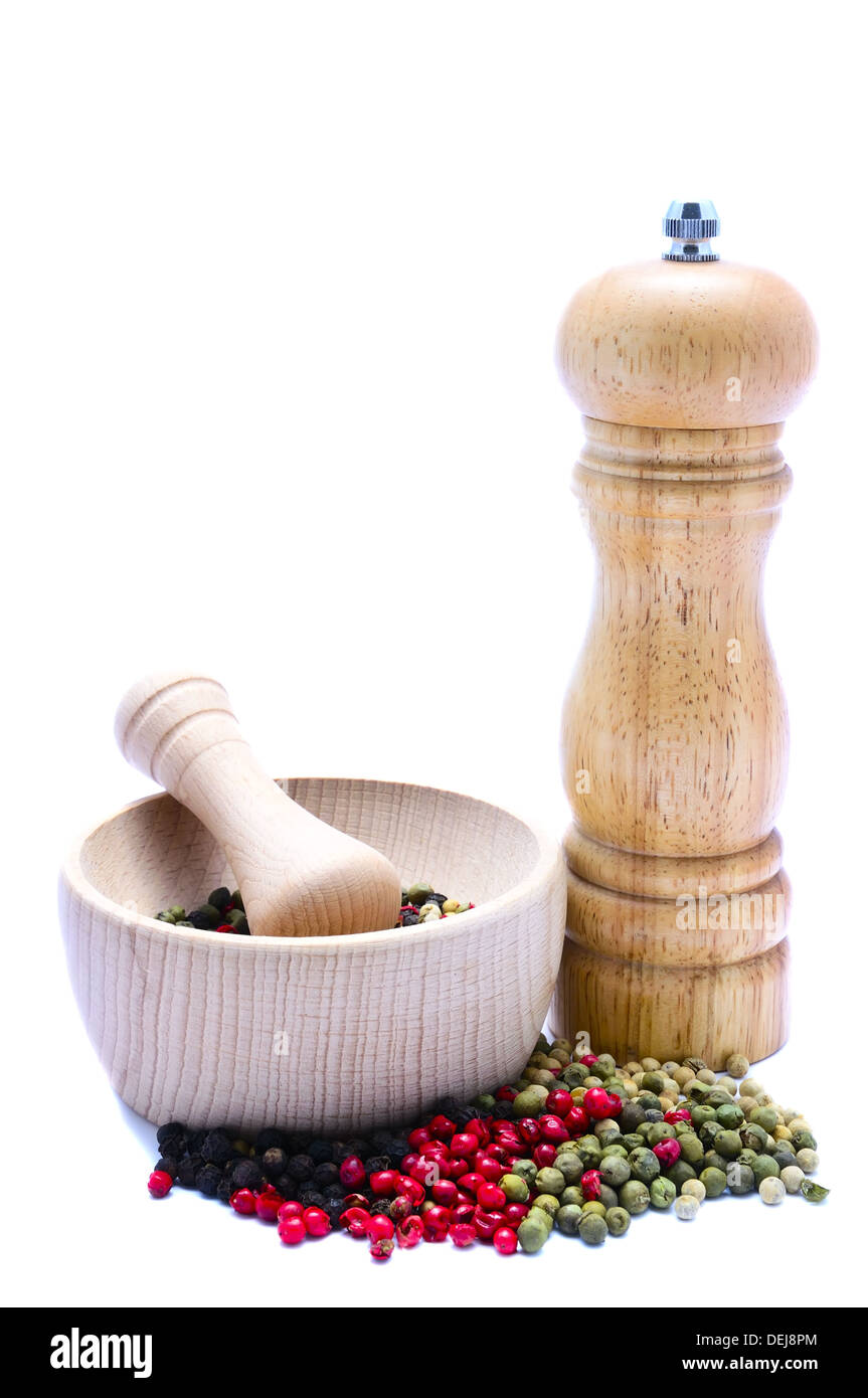 pepper mill with mortar and pestle isolated on a white background Stock Photo