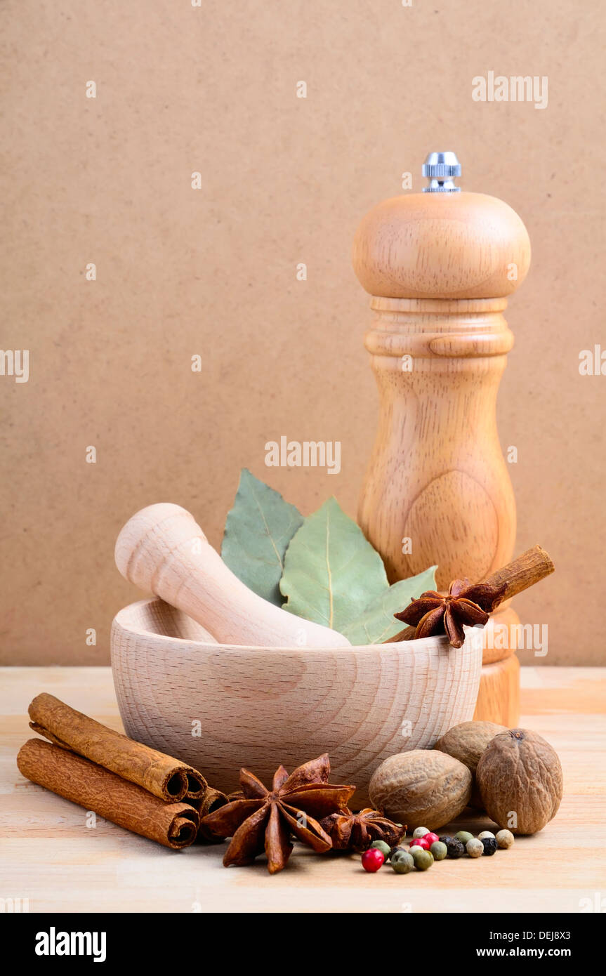 still life with spices on a wooden background Stock Photo