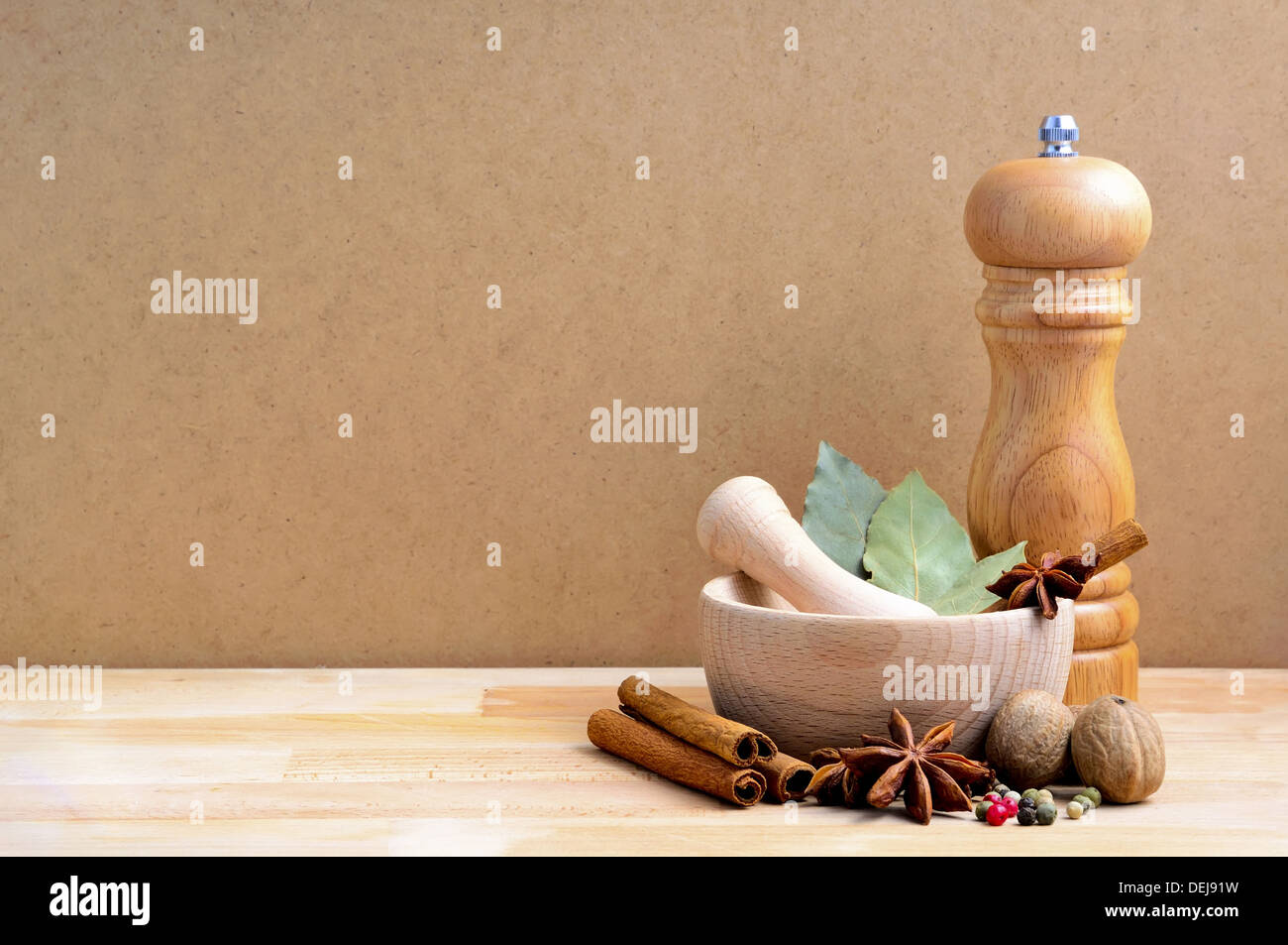 still life with spices and copy space on a wooden background Stock Photo