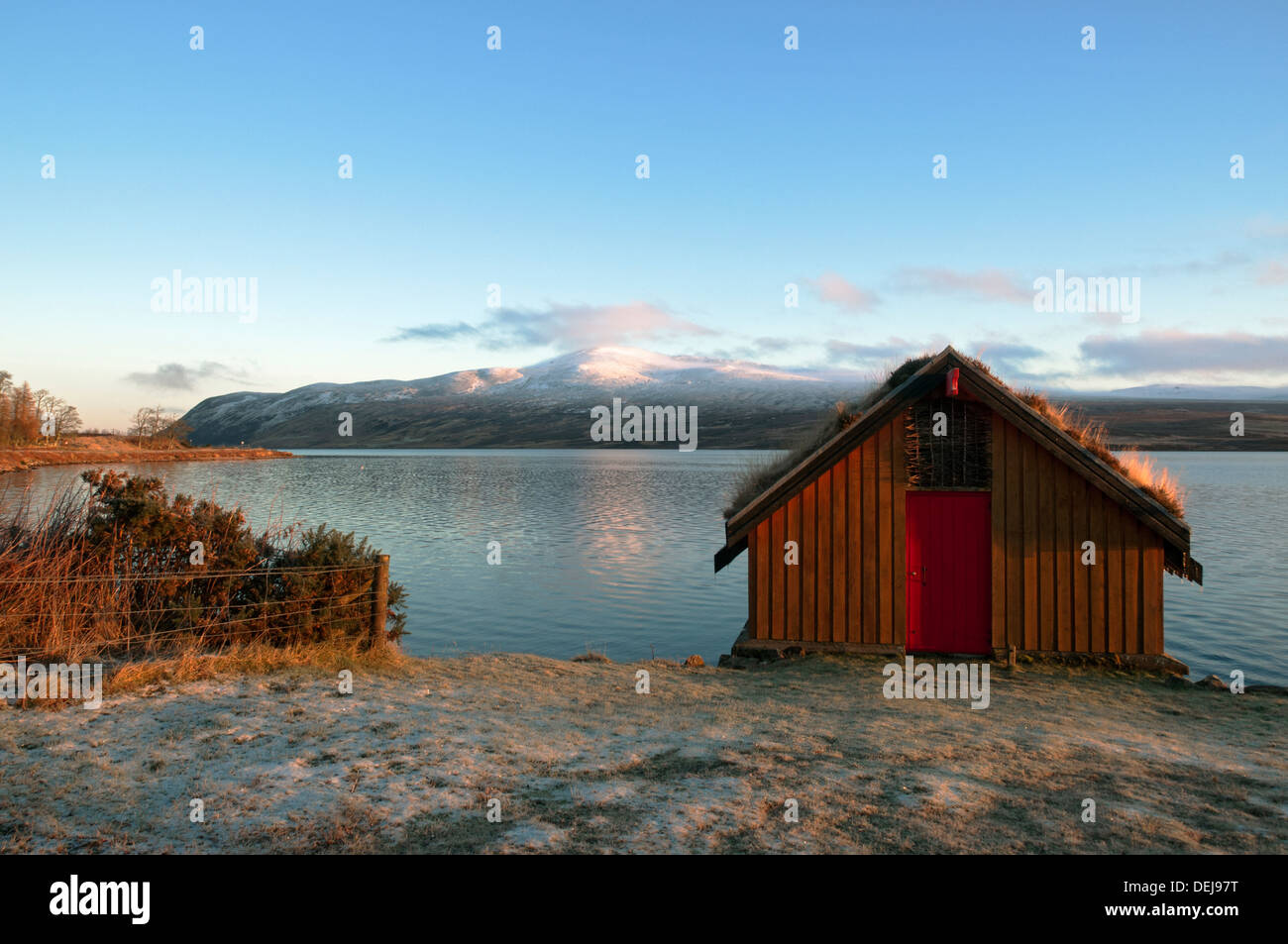 Beinn Stumanadh from a boat house on Loch Loyal, Sutherland, Scotland, UK. Stock Photo