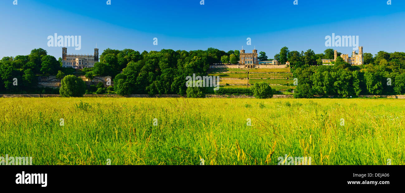 panorama schloss albrechtsberg, Lingnerschloss and schloss eckberg castles on elbe river valley in dresden, germany Stock Photo