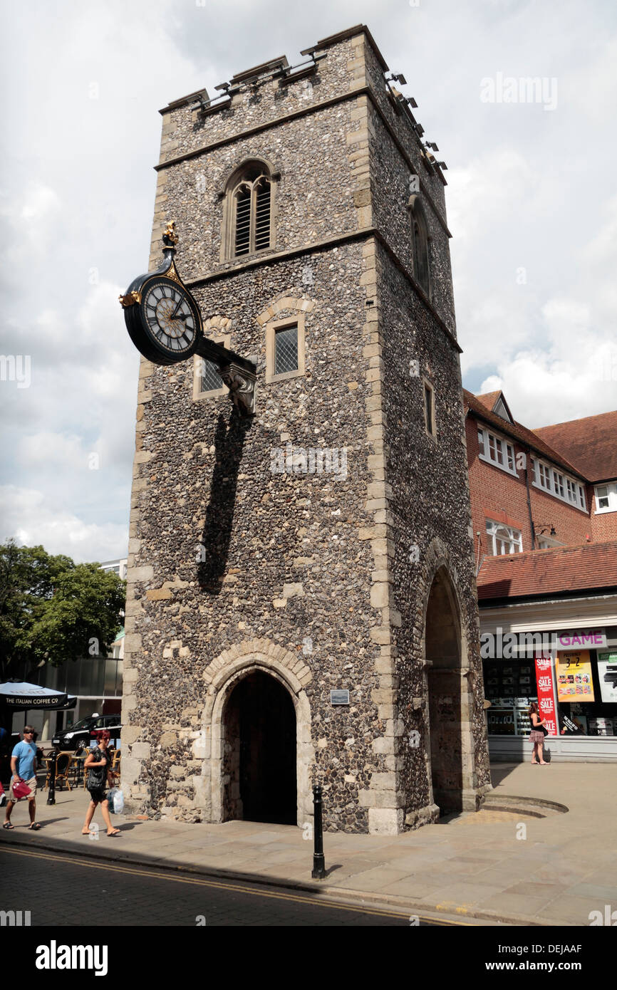 The clock tower of The Church Of St George The Martyr In Canterbury in Canterbury, Kent, UK. Stock Photo