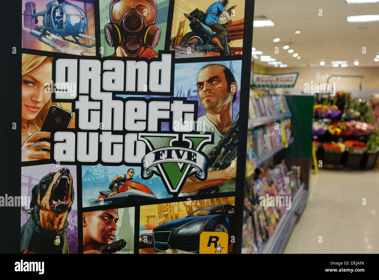 Grand Theft Auto V computer game point-of-sale promotional material Stock Photo